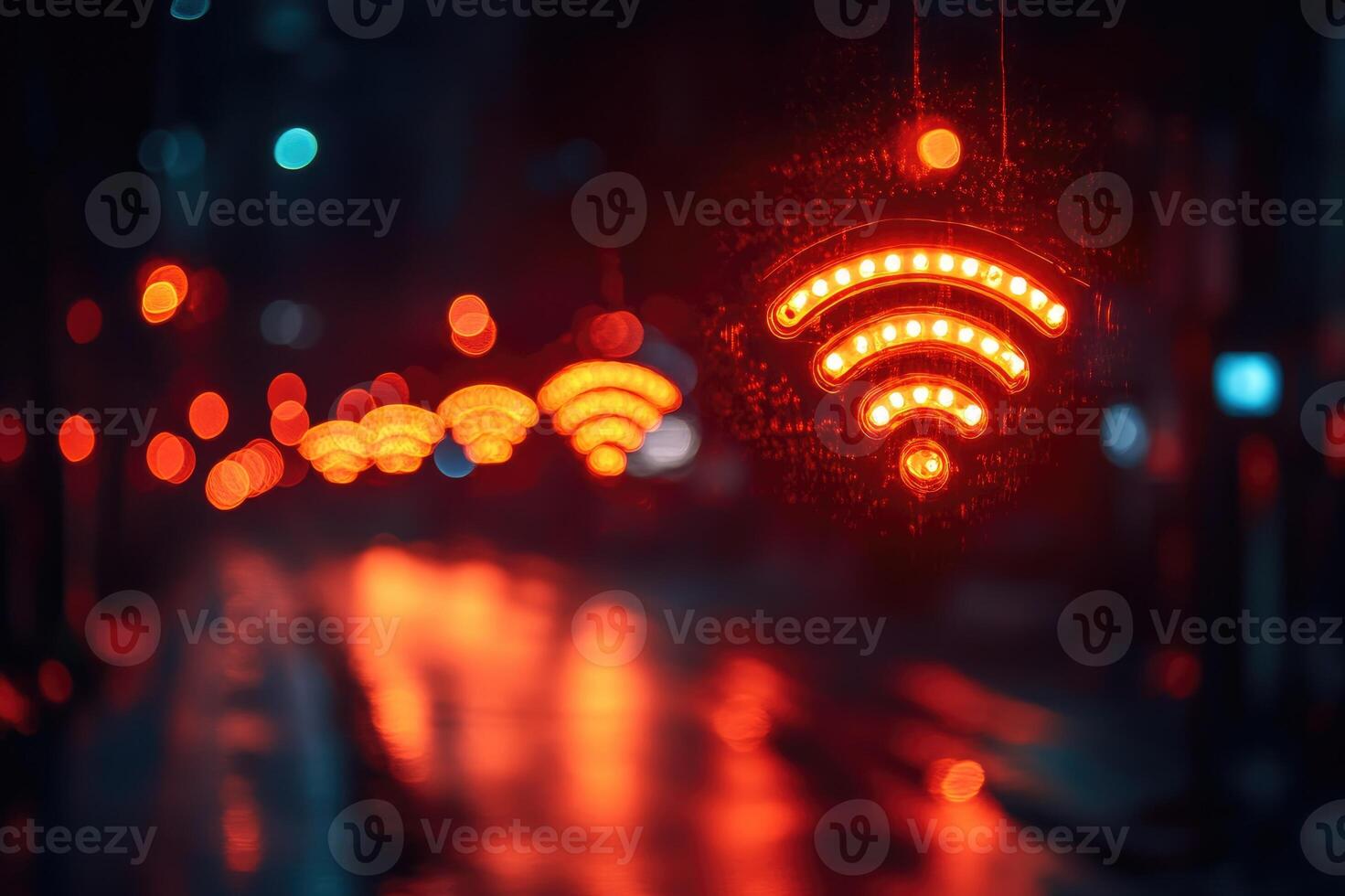 Red wifi symbol glowing in the dark city at night with bokeh lights photo