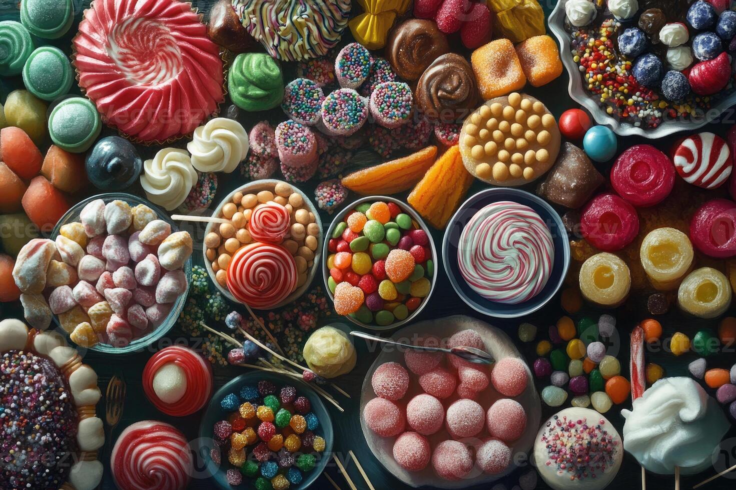Bowls and plates overflowing with colorful candies filling the frame photo