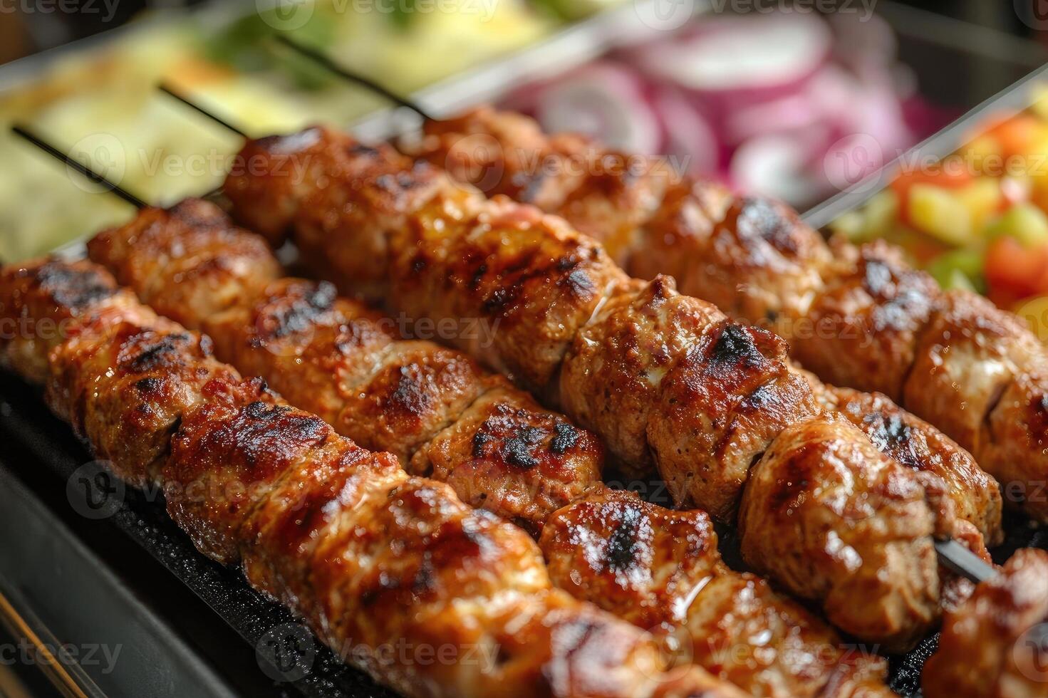 Delicious grilled meat skewers being prepared for barbecue party photo