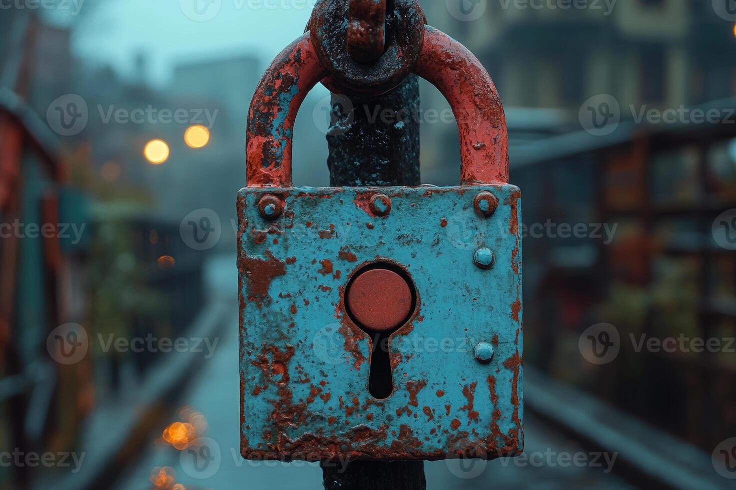 Old rusty blue and red lock hanging protecting on blurred background photo