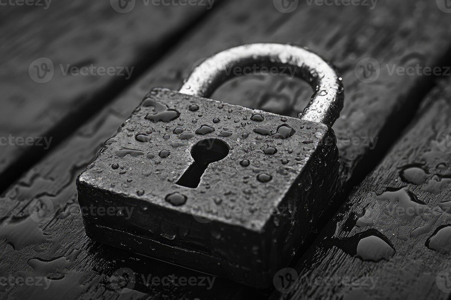 Old rusty padlock securing a metal door photo