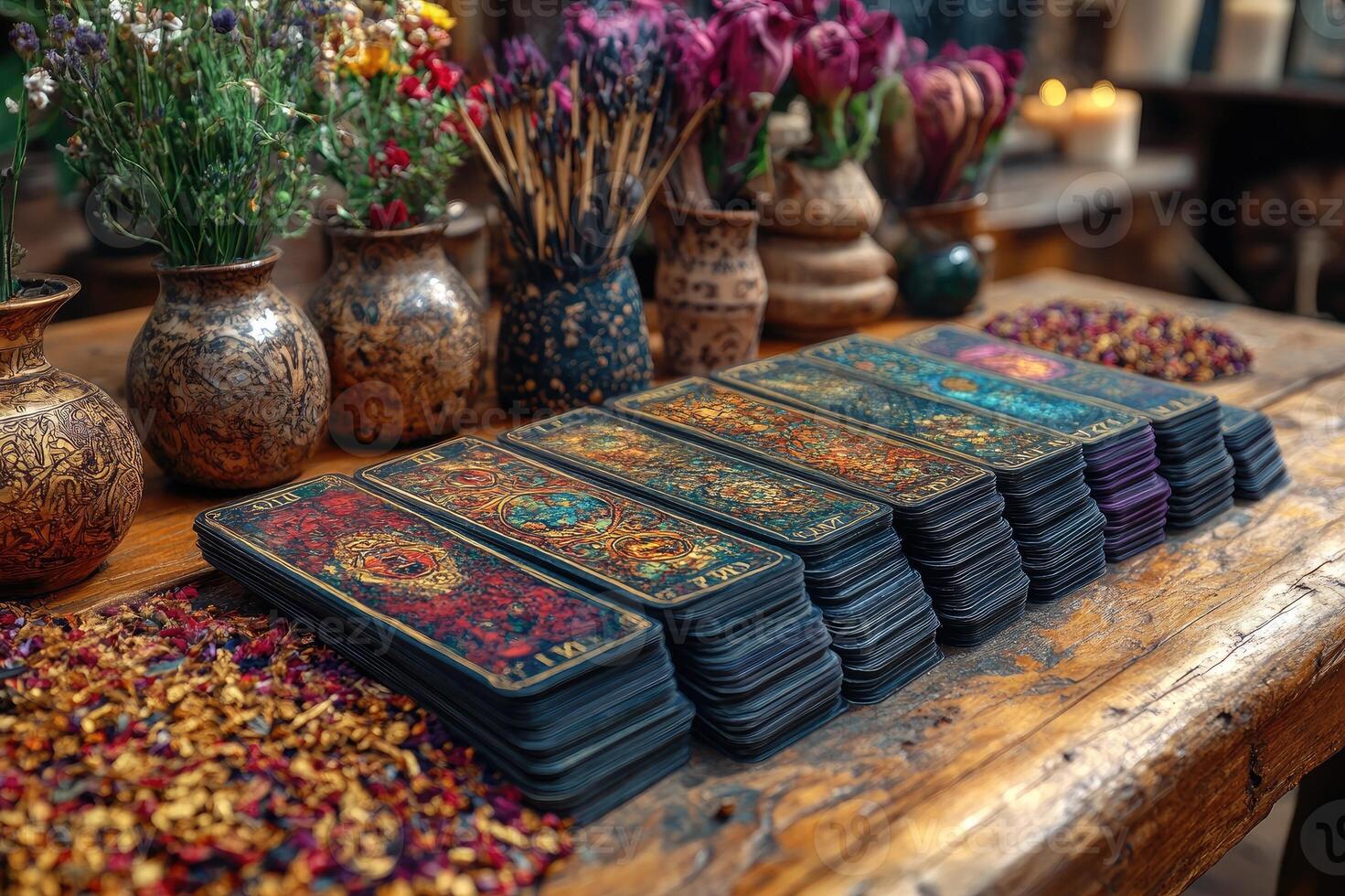Fortune teller desk displaying tarot cards with incense and dried flowers photo