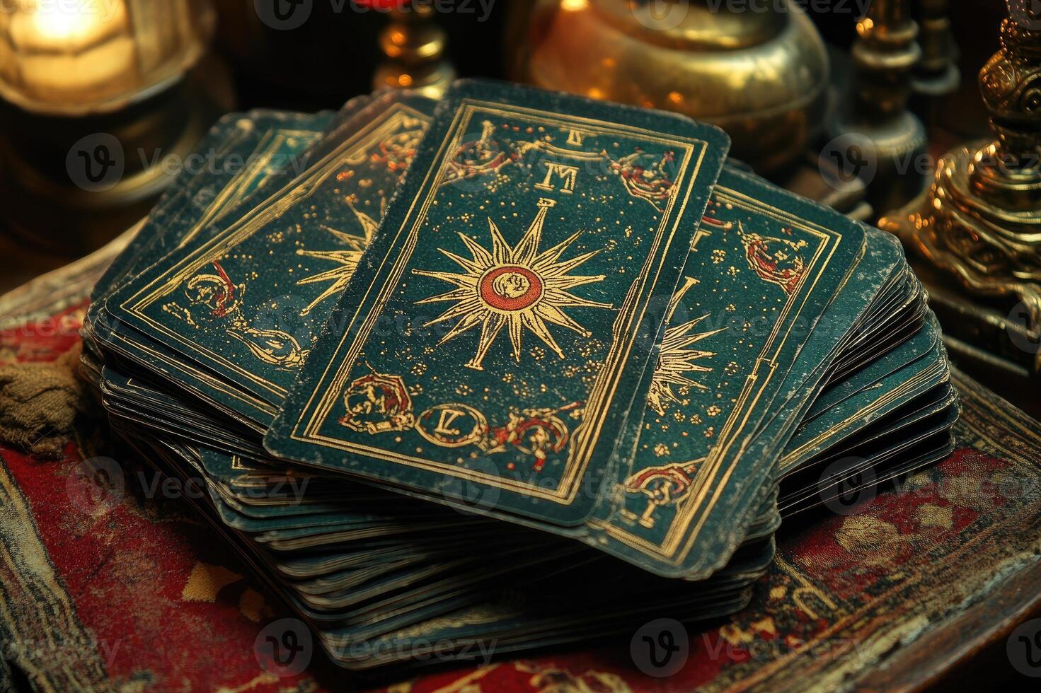 Deck of vintage, worn tarot cards laying on antique table photo