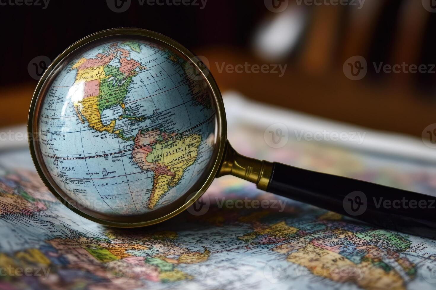 Magnifying glass showing planet earth on top of laptop keyboard photo