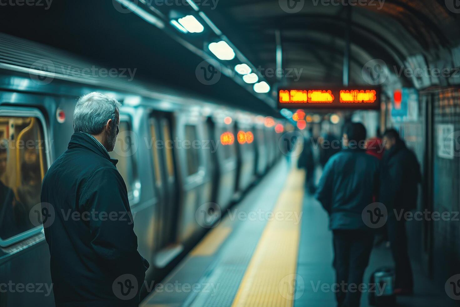 Crowd walking to subway train in tunnel station photo