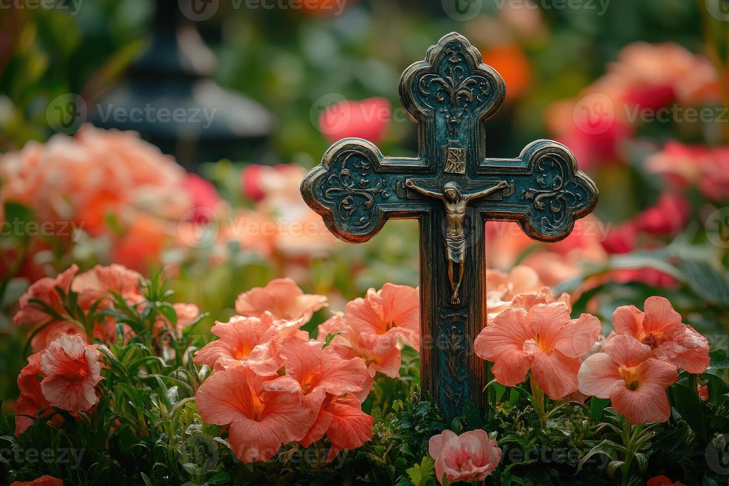 Bronze crucifix standing in a garden of orange flowers photo
