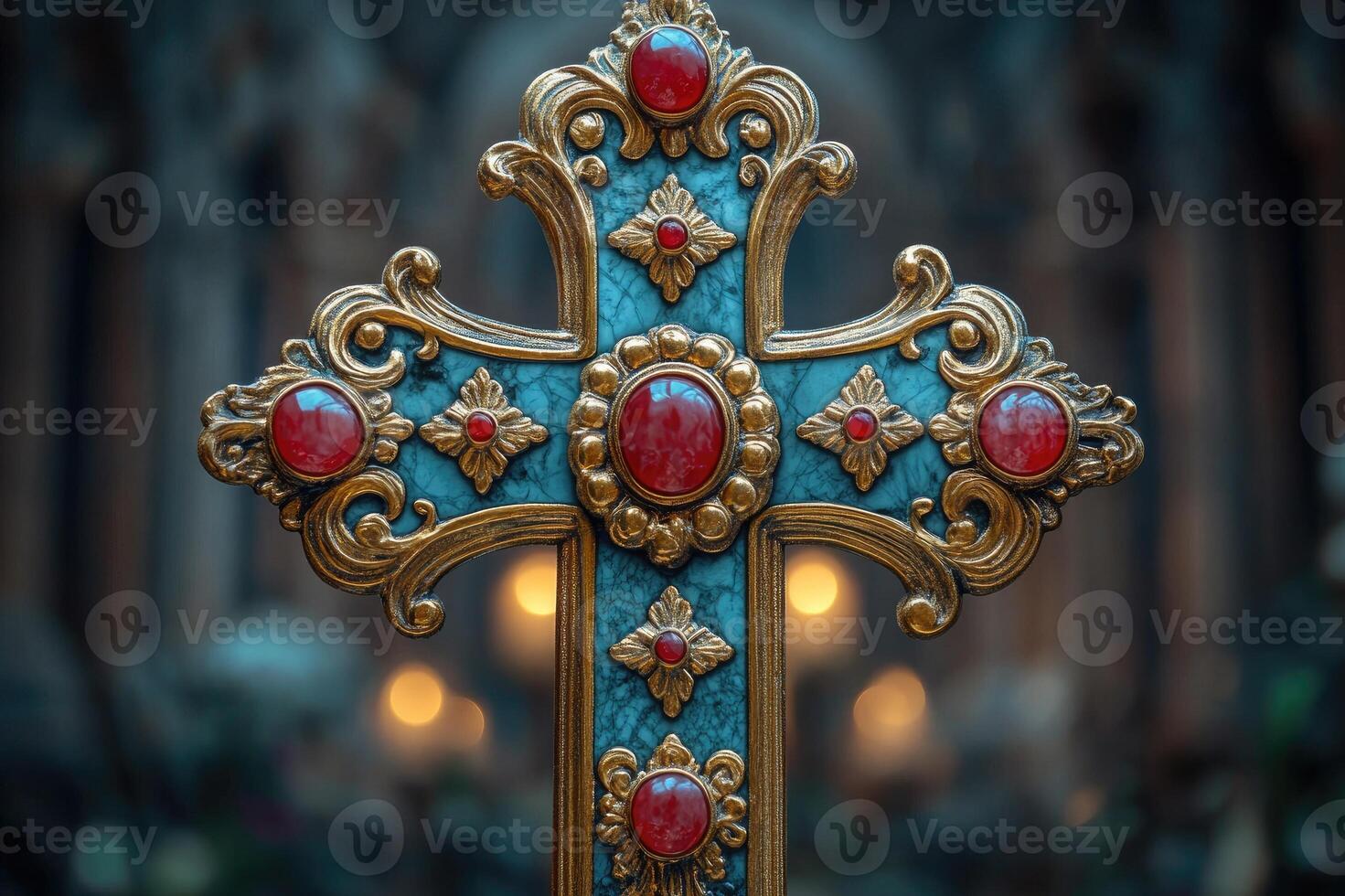 Ornate jeweled cross standing out from a blurred background photo