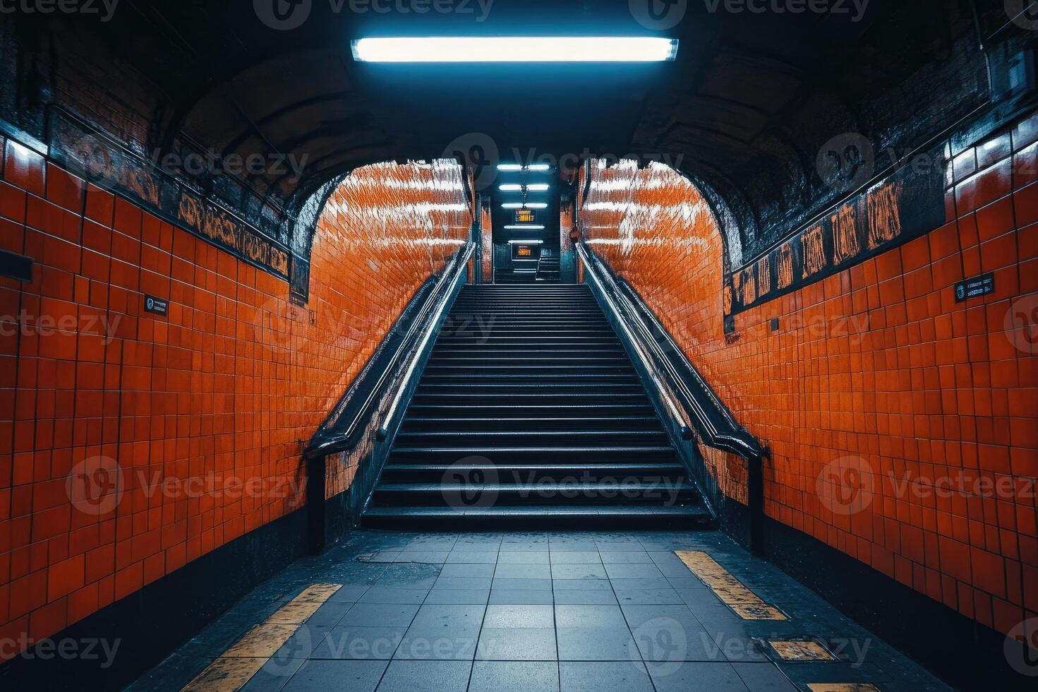 Empty staircase leading up in subway station with orange walls photo