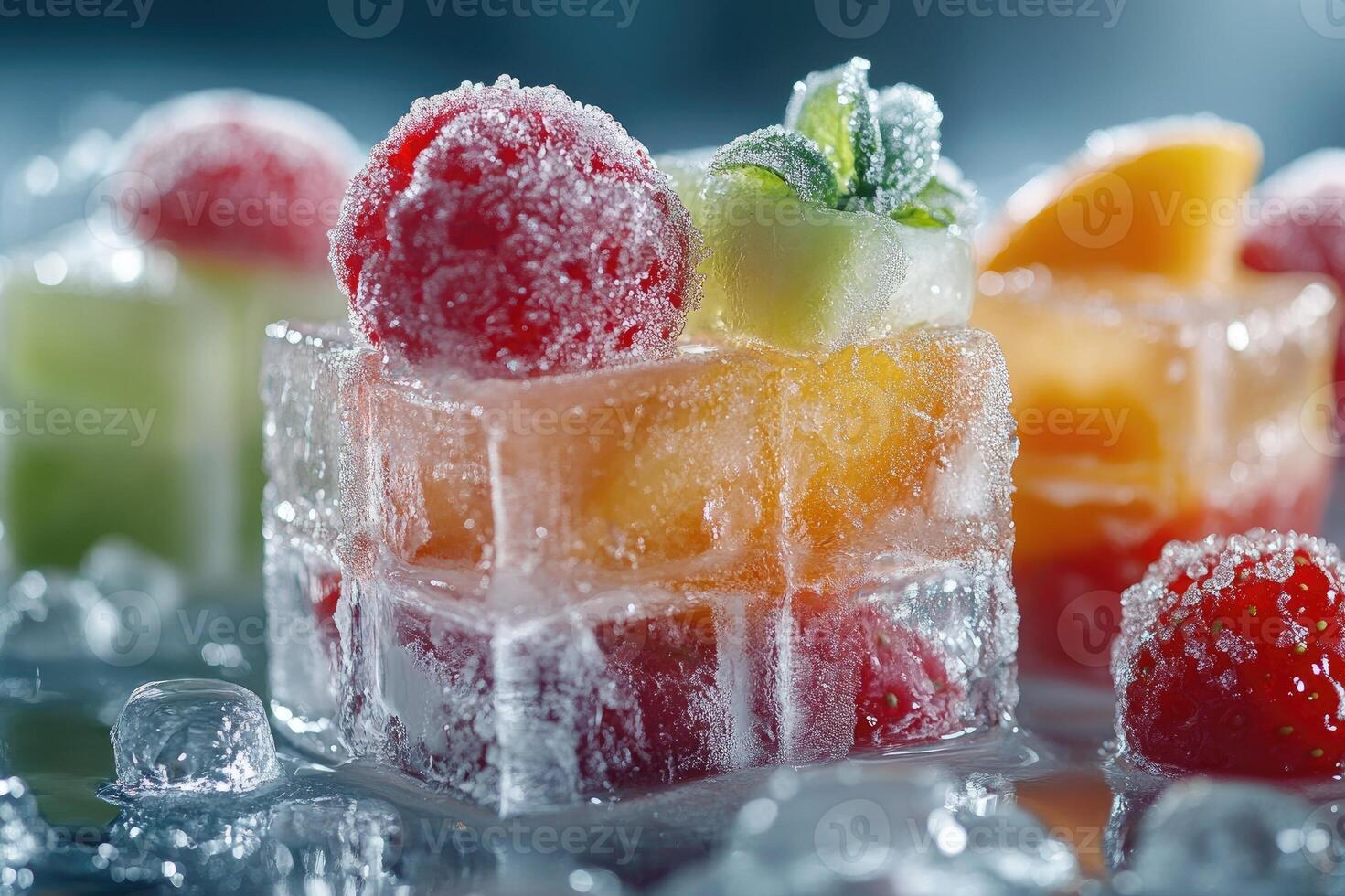 Ice cubes melting with frozen fruit on a reflective surface photo