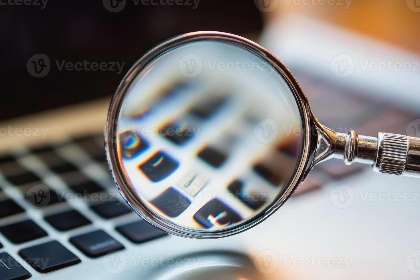 Magnifying glass showing computer keyboard keys being examined.... photo