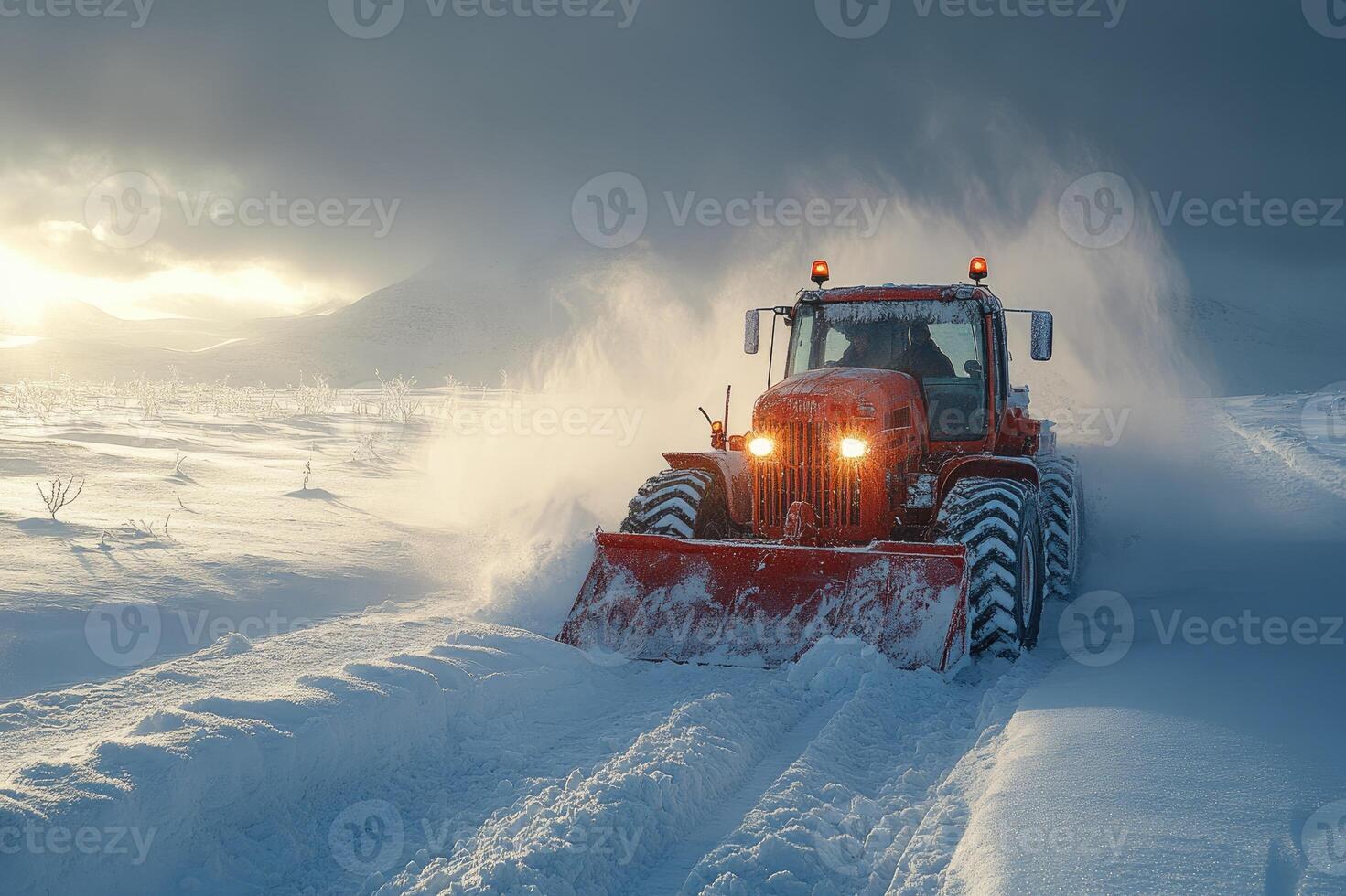 Red tractor removing snow from road during sunset photo