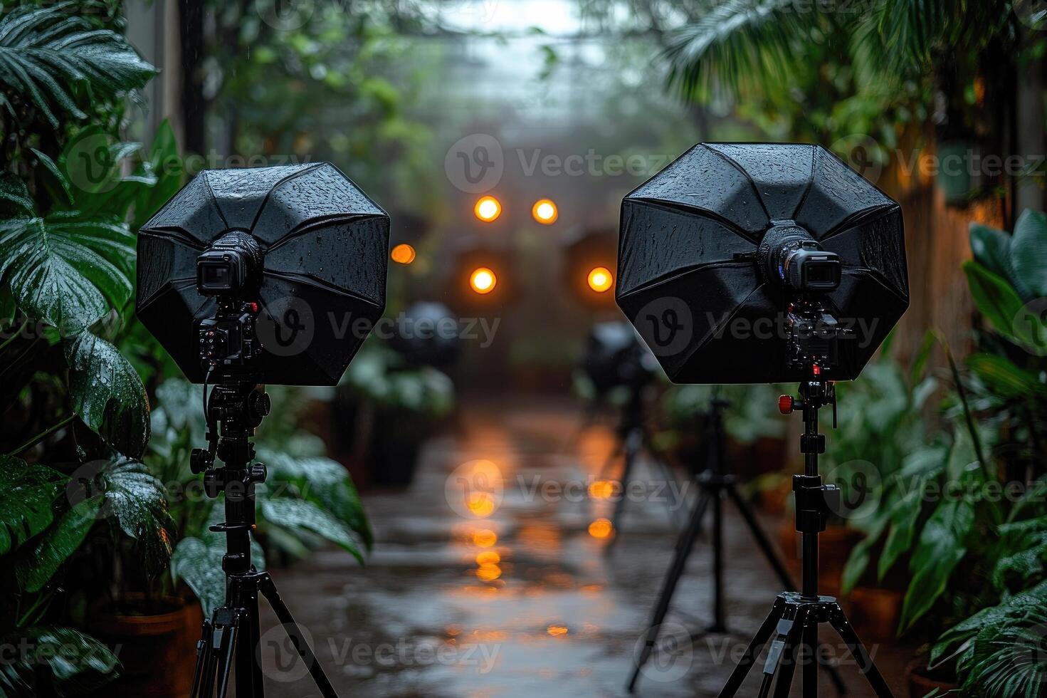 Professional photo shooting with lighting equipment standing on tripods outdoors in rain