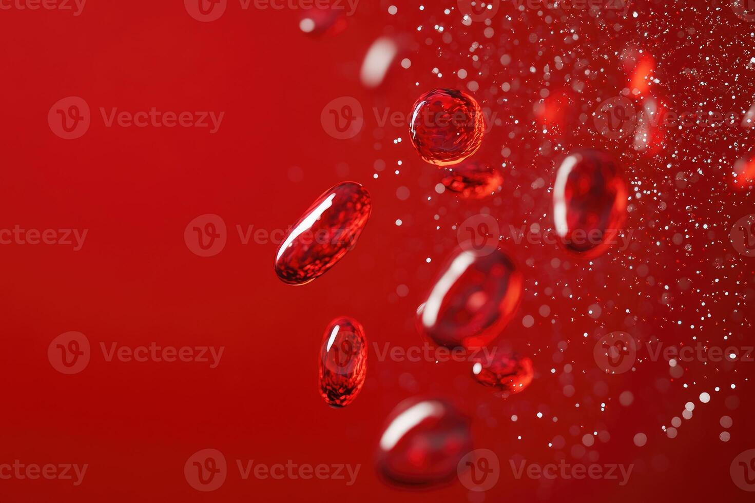 Red blood cells flowing through bloodstream on red background photo