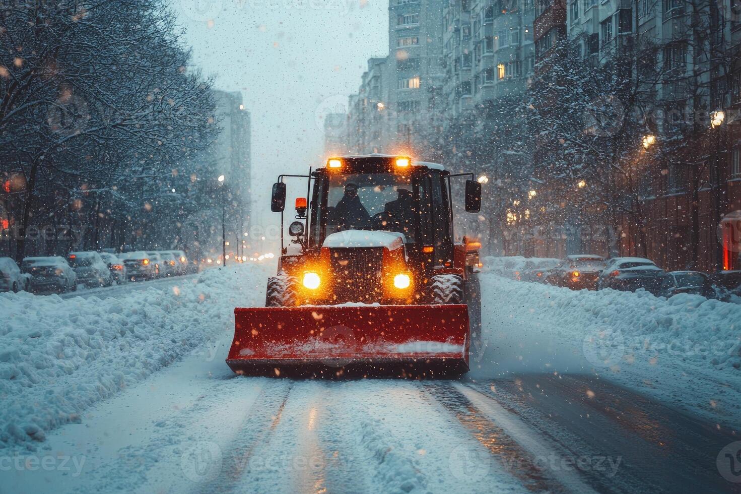 Snowplow truck removing snow from road during snowfall in town photo