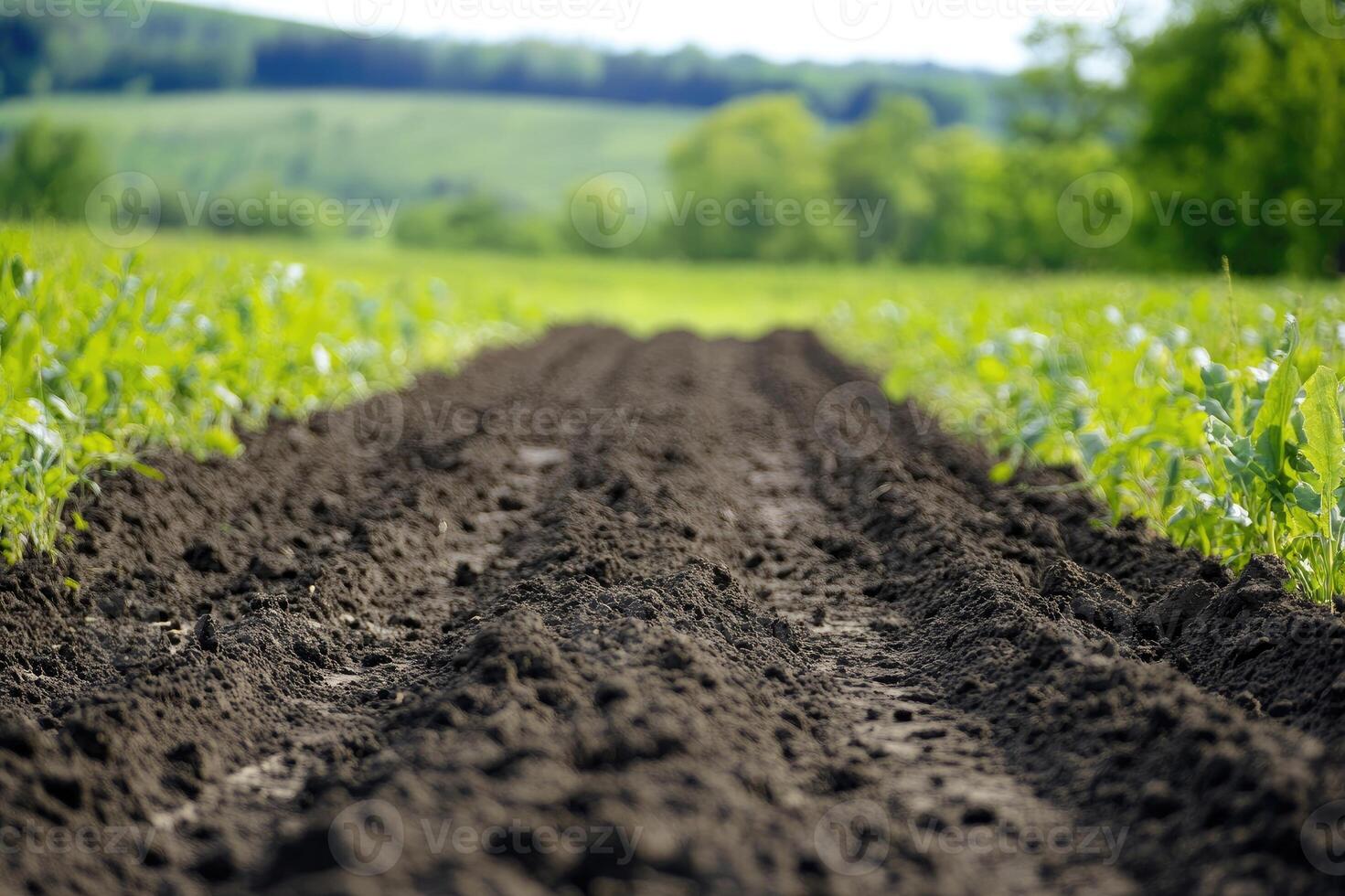 Freshly dug garden soil with young plants growing in background. photo