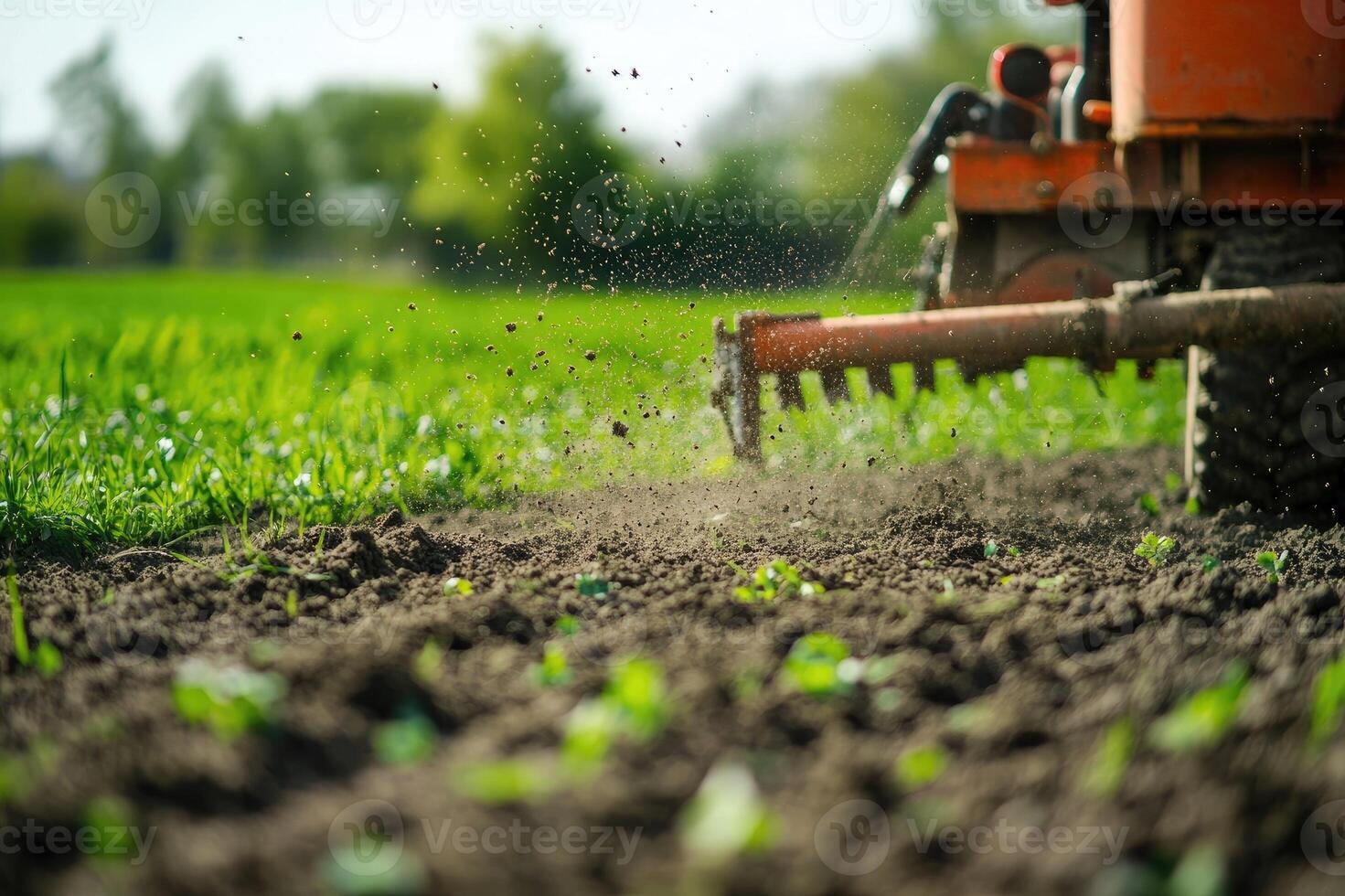 Tractor plowing and cultivating soil on a sunny day photo
