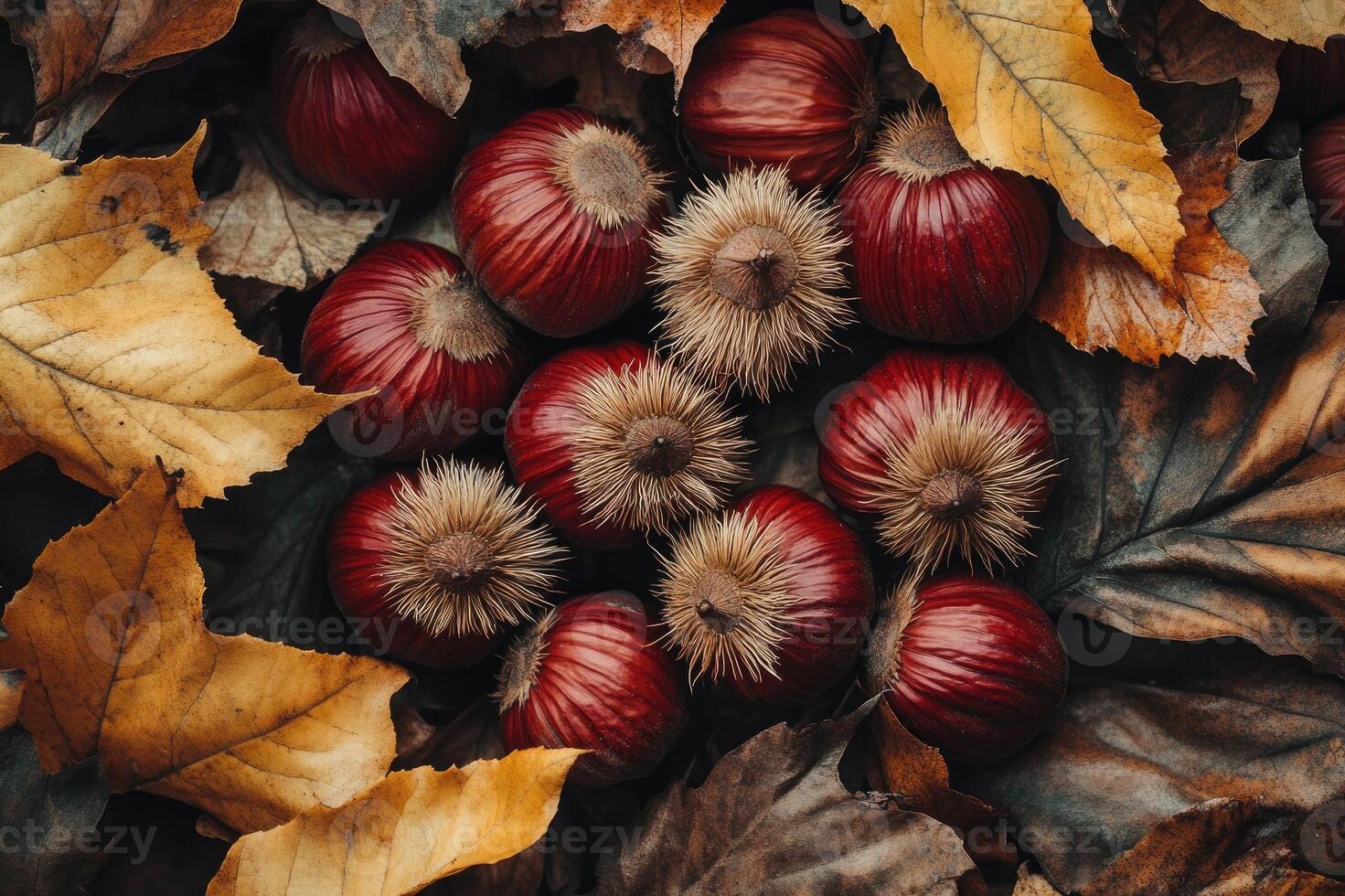 Ripe chestnuts resting on a bed of autumn leaves photo