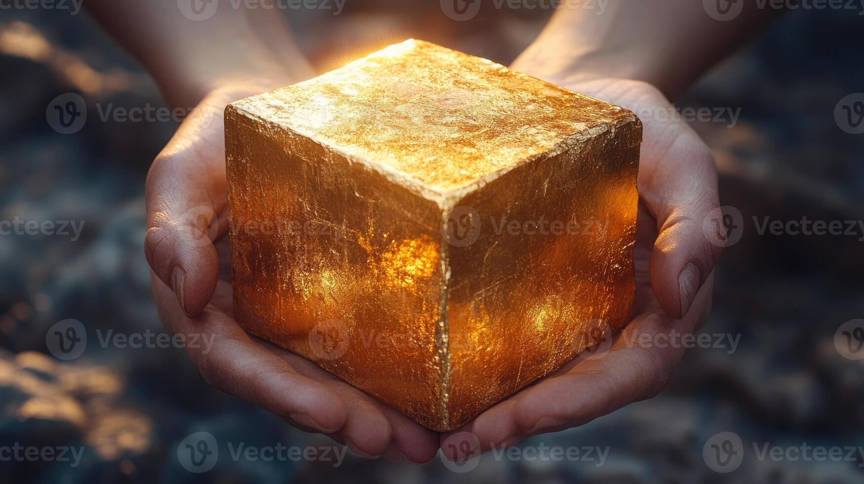 A shiny golden cube that is held in human hands photo
