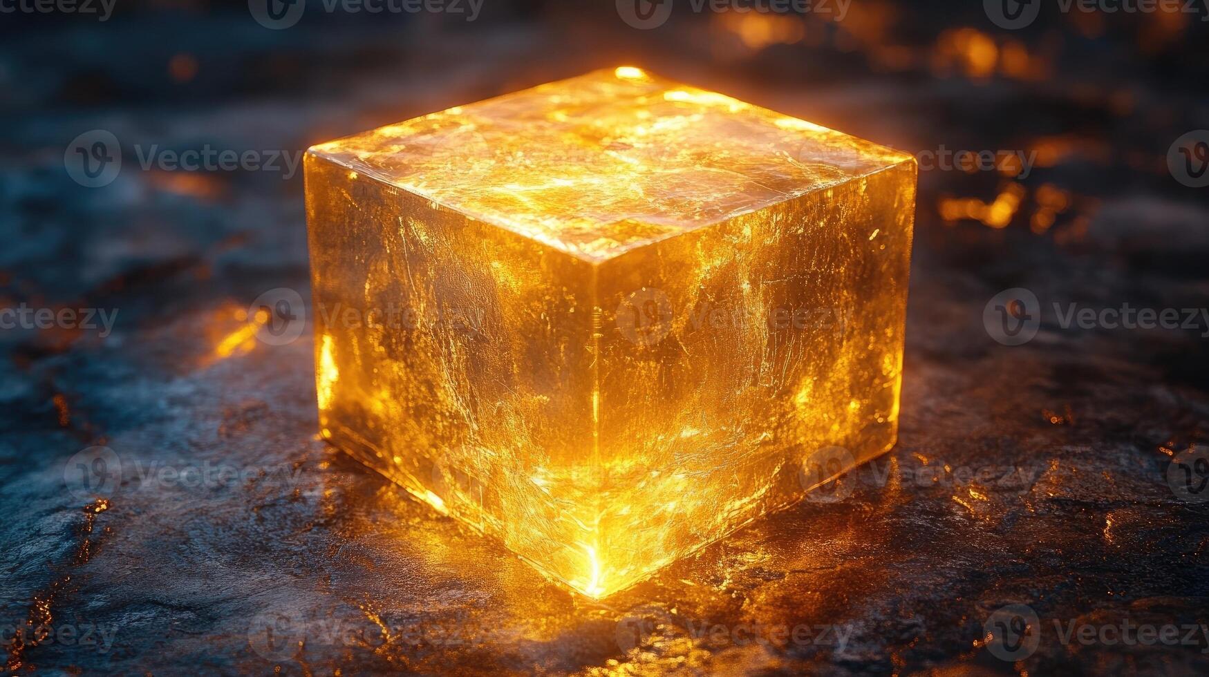 Shiny gold cube standing on reflective stone surface with bokeh lights in background photo