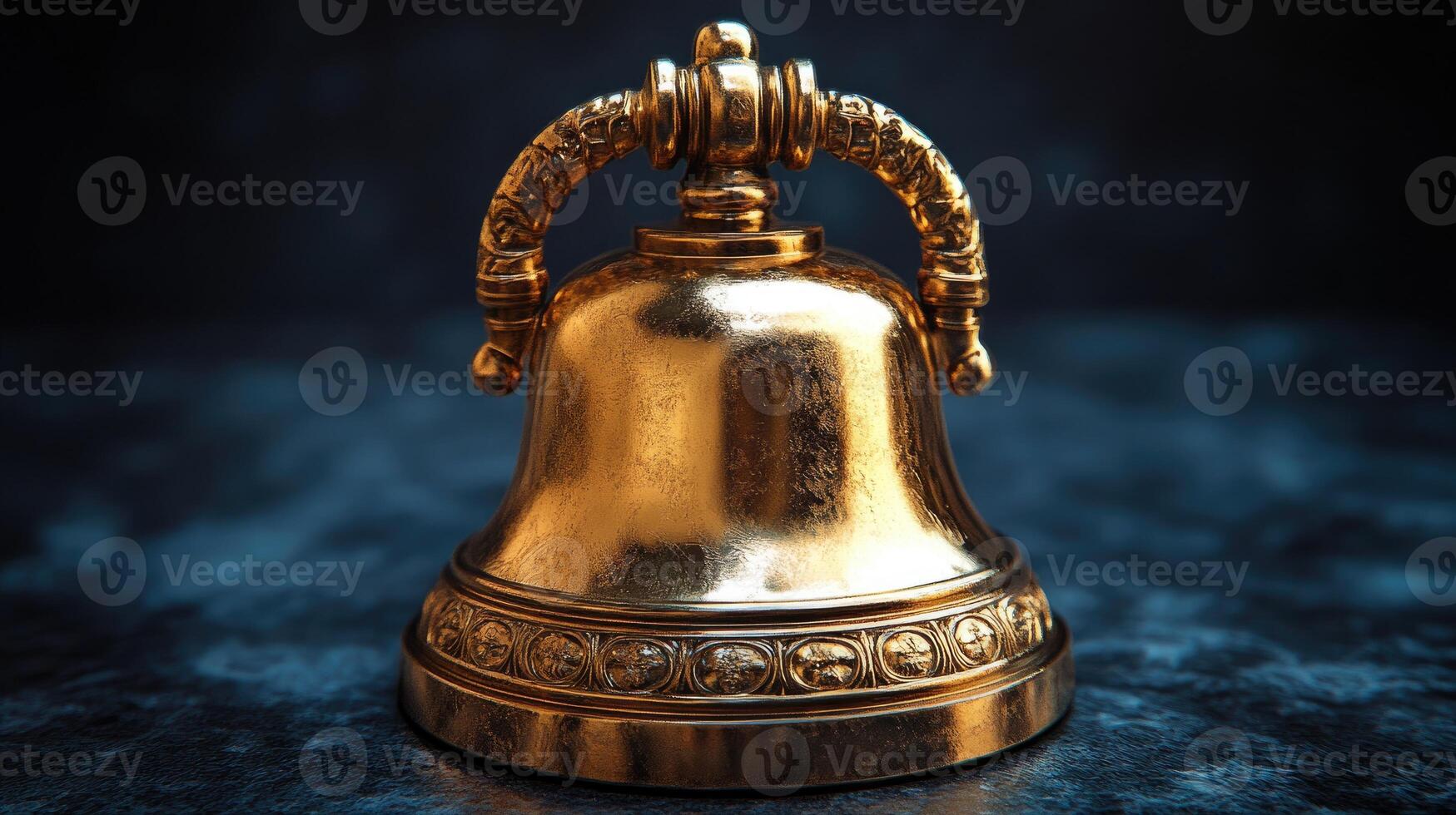 Golden bell shining on dark blue background photo
