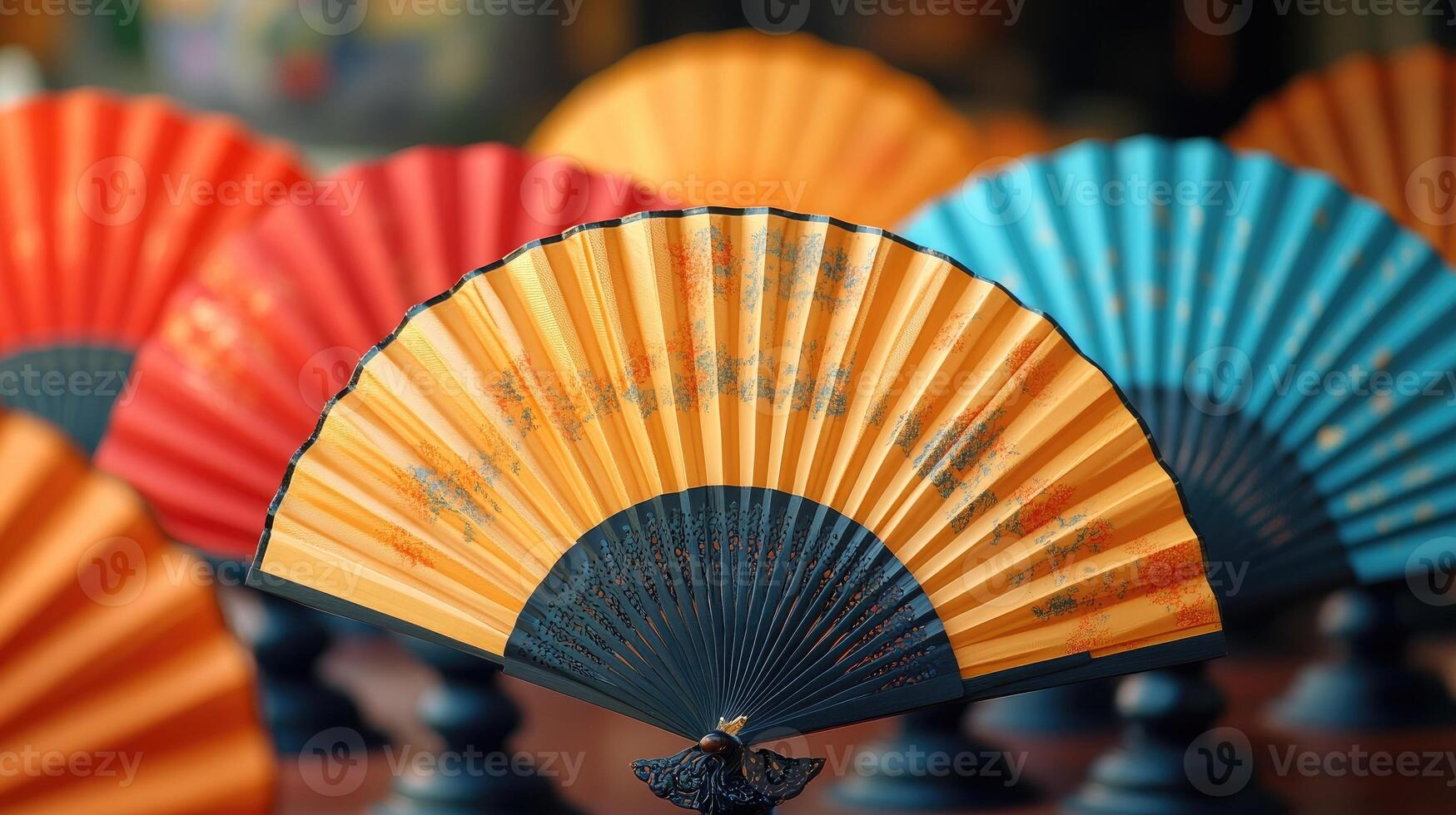 Row of colorful folding fans standing on a wooden surface photo