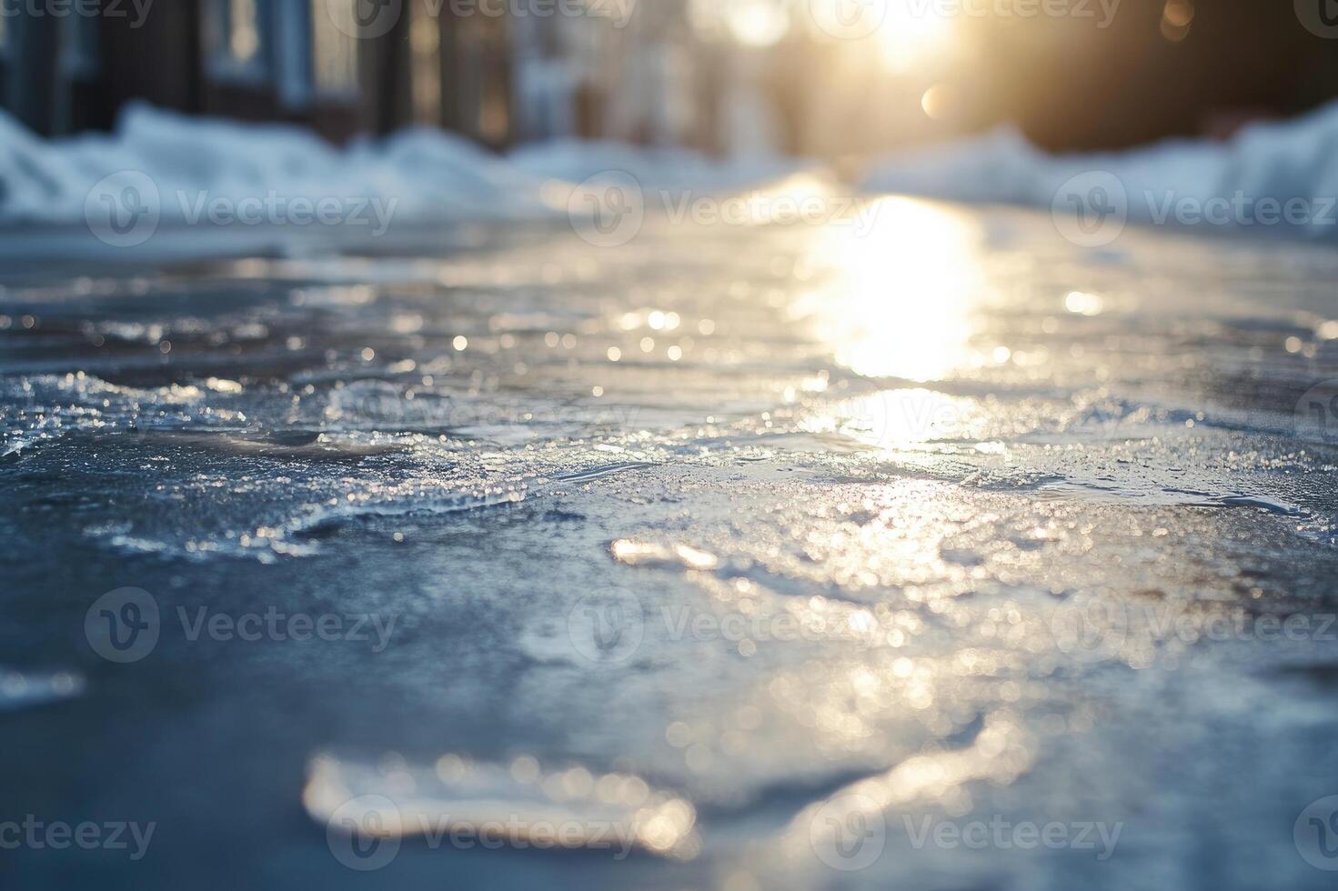 Icy sidewalk covered in snow melting in the sunlight. photo
