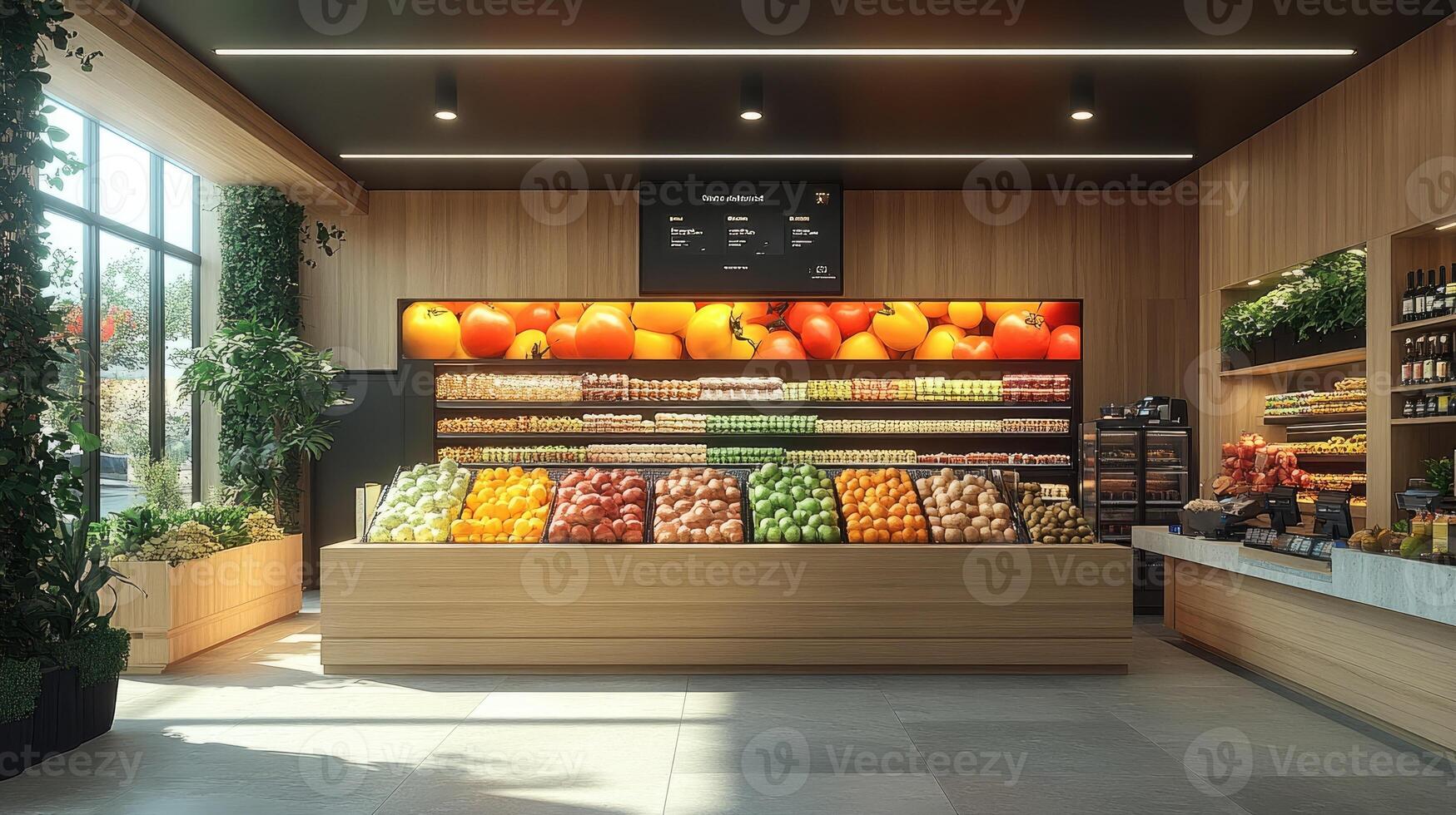 Modern supermarket interior design with fresh fruits and vegetables displayed on wooden shelves photo