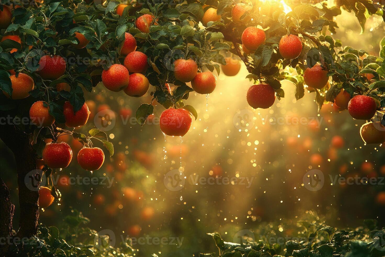 Red apples hanging from branch in apple orchard during golden hour rain shower photo