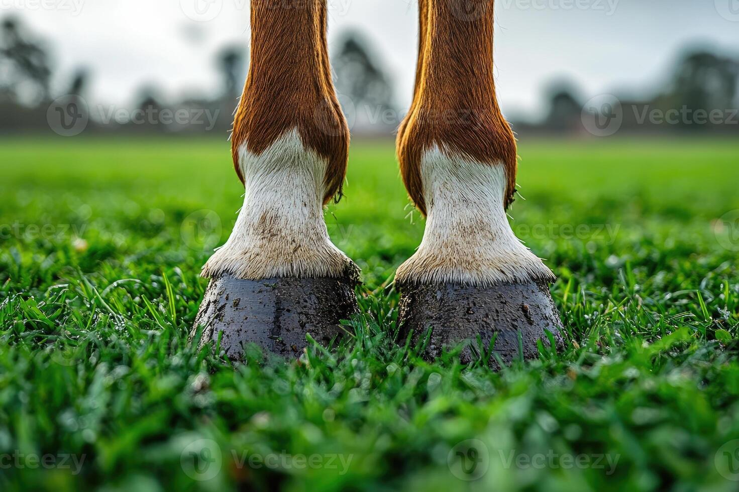 Chestnut horse standing on green grass after the rain photo