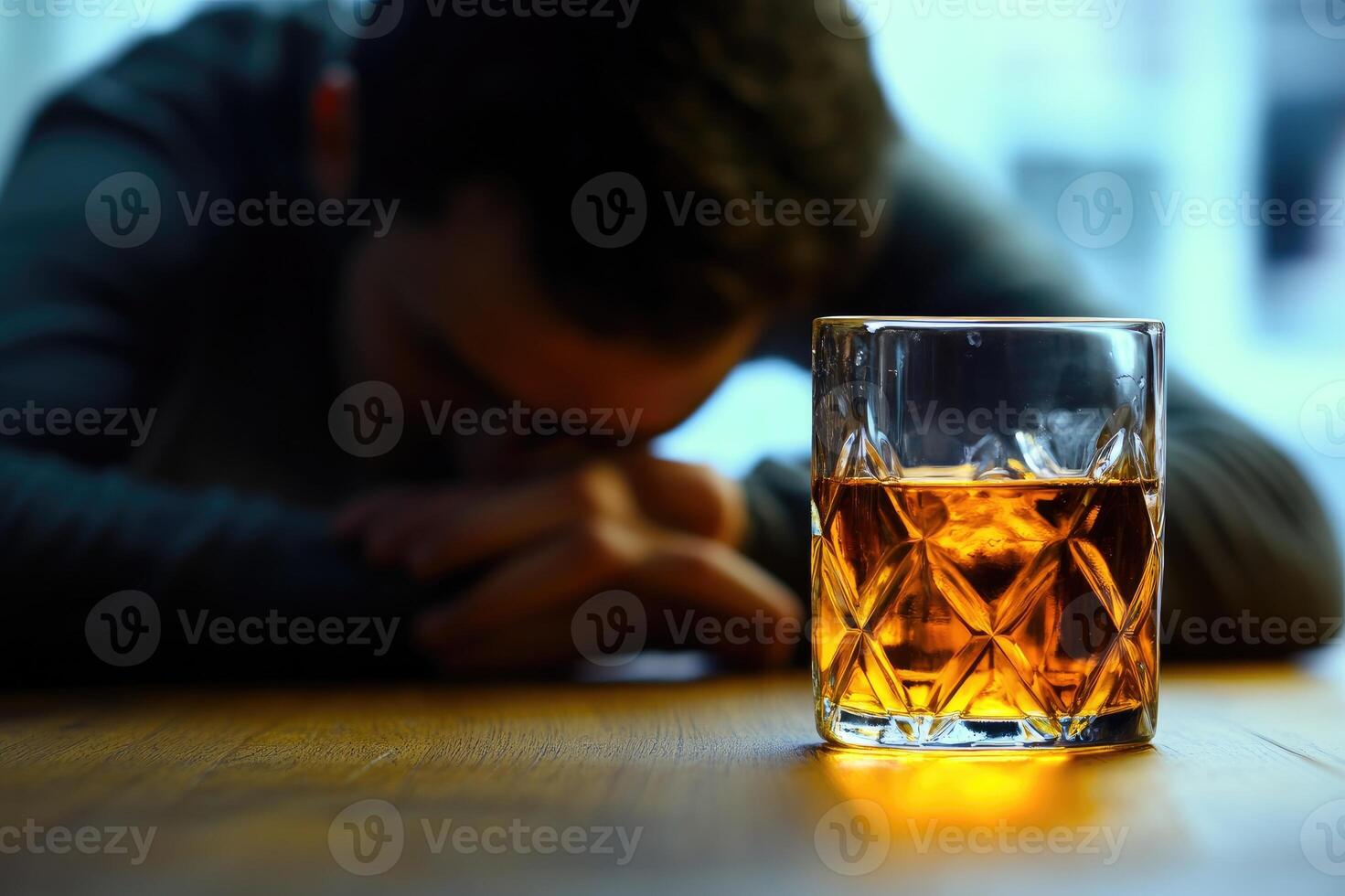 Man suffering from alcoholism sleeping at bar with whiskey glass on table photo