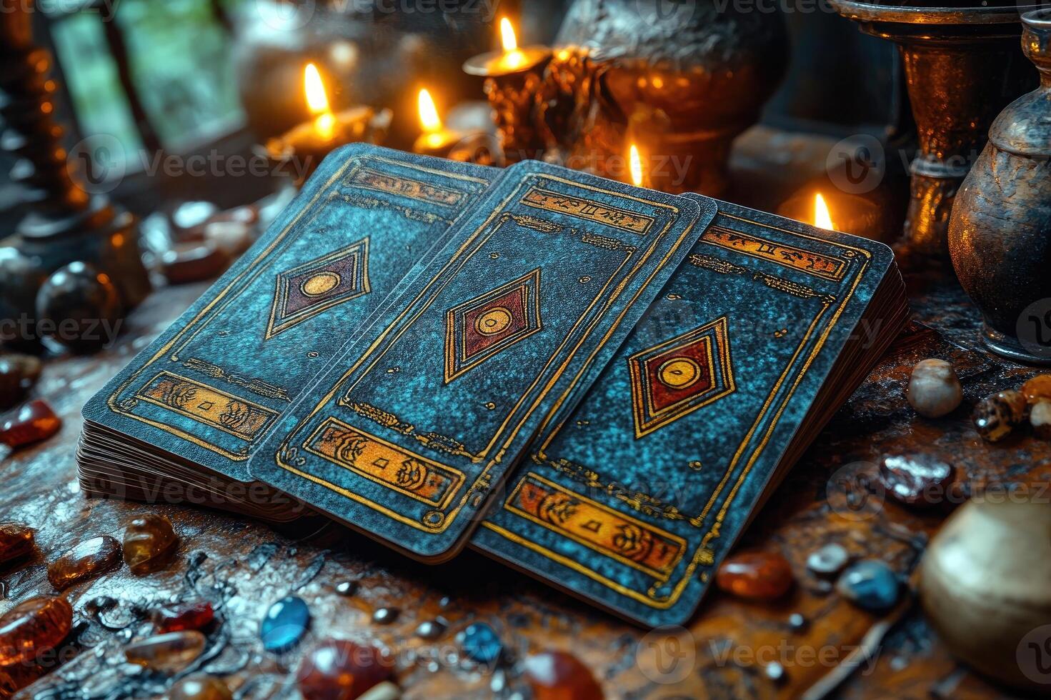 Fortune telling cards with ancient runes lying on table with burning candles photo