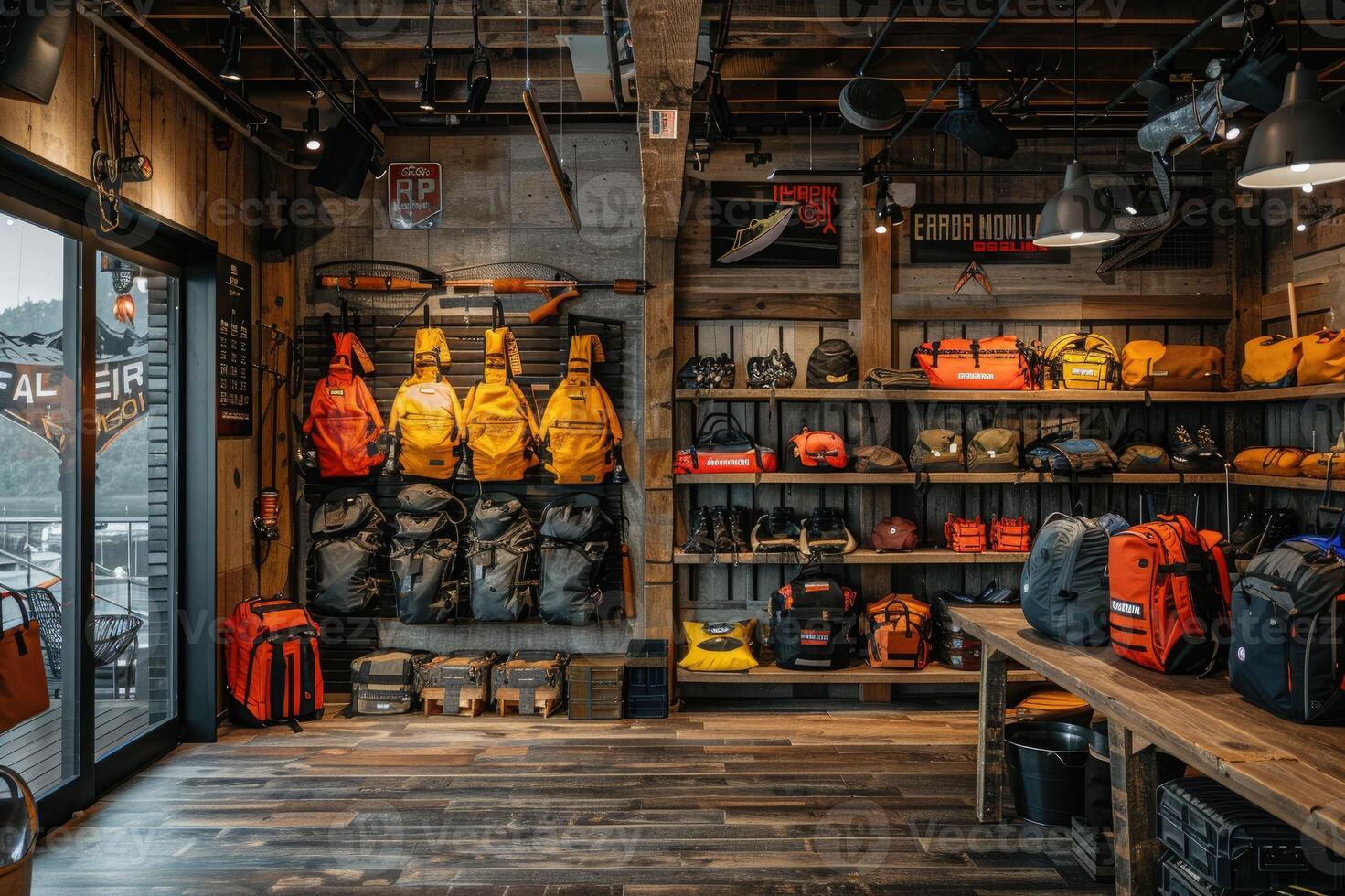 Modern fishing store interior design with accessories for sale photo