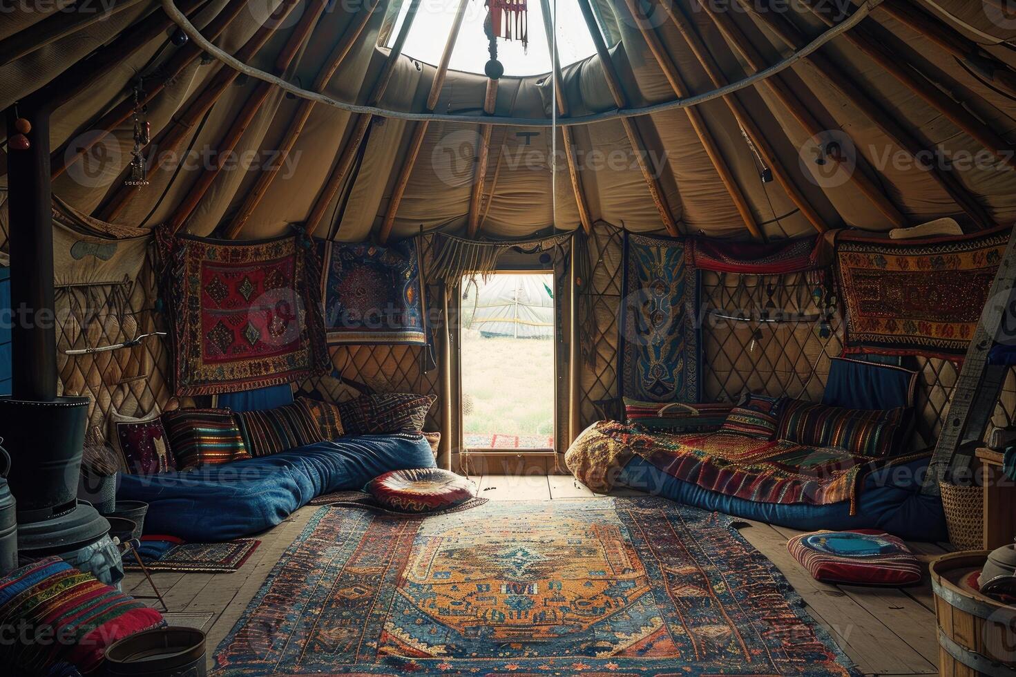 Mongolian yurt inside,culture and amenities inside the yurt.... . photo