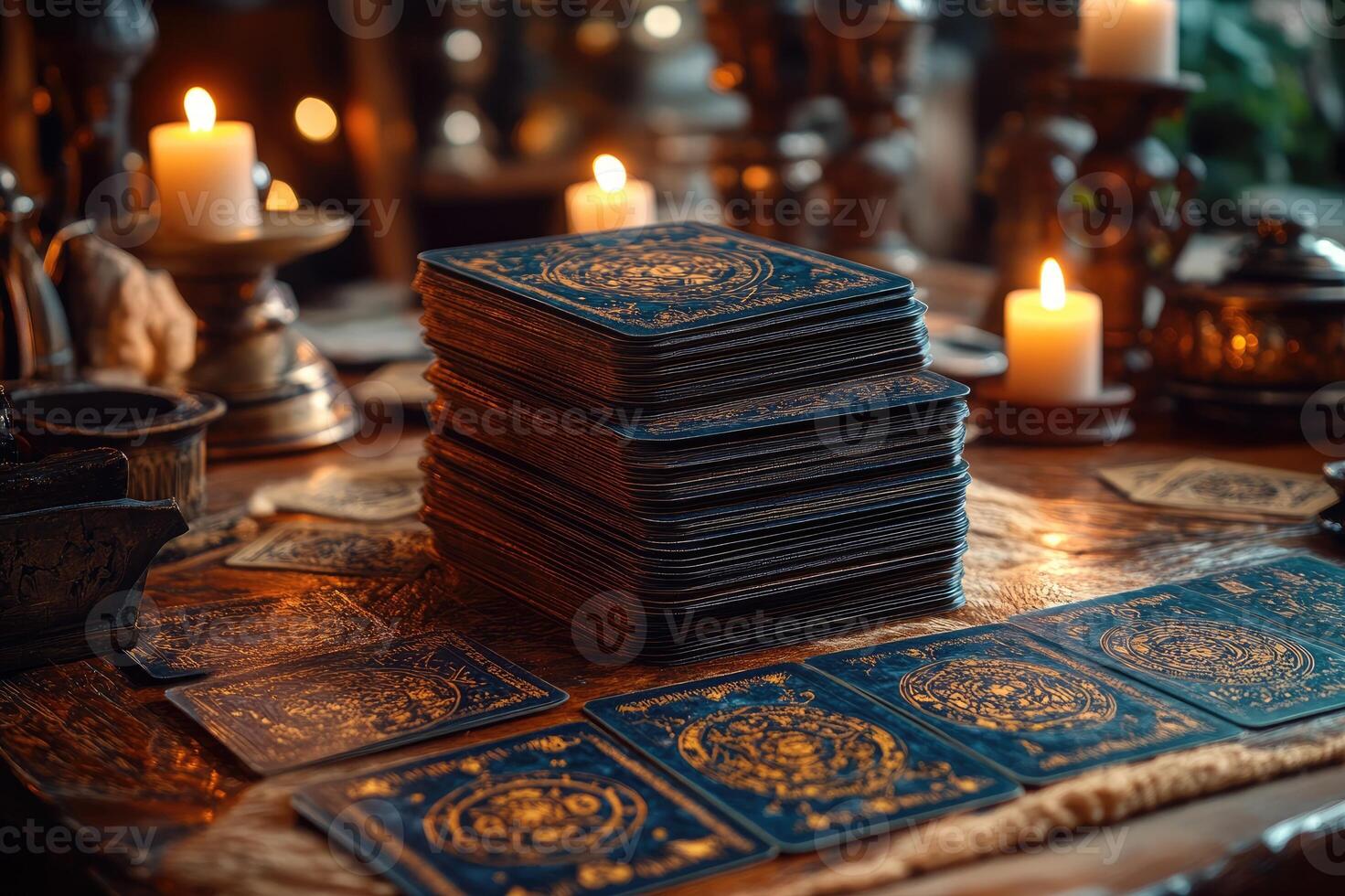Stack of tarot cards lying on fortune teller desk with burning candles.. photo