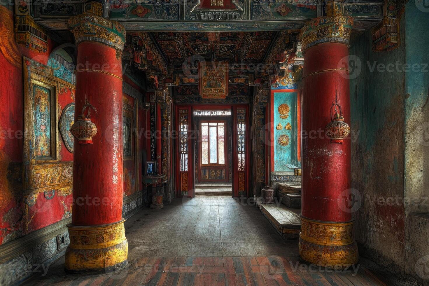 Ancient chinese palace room with red pillars and wooden door photo