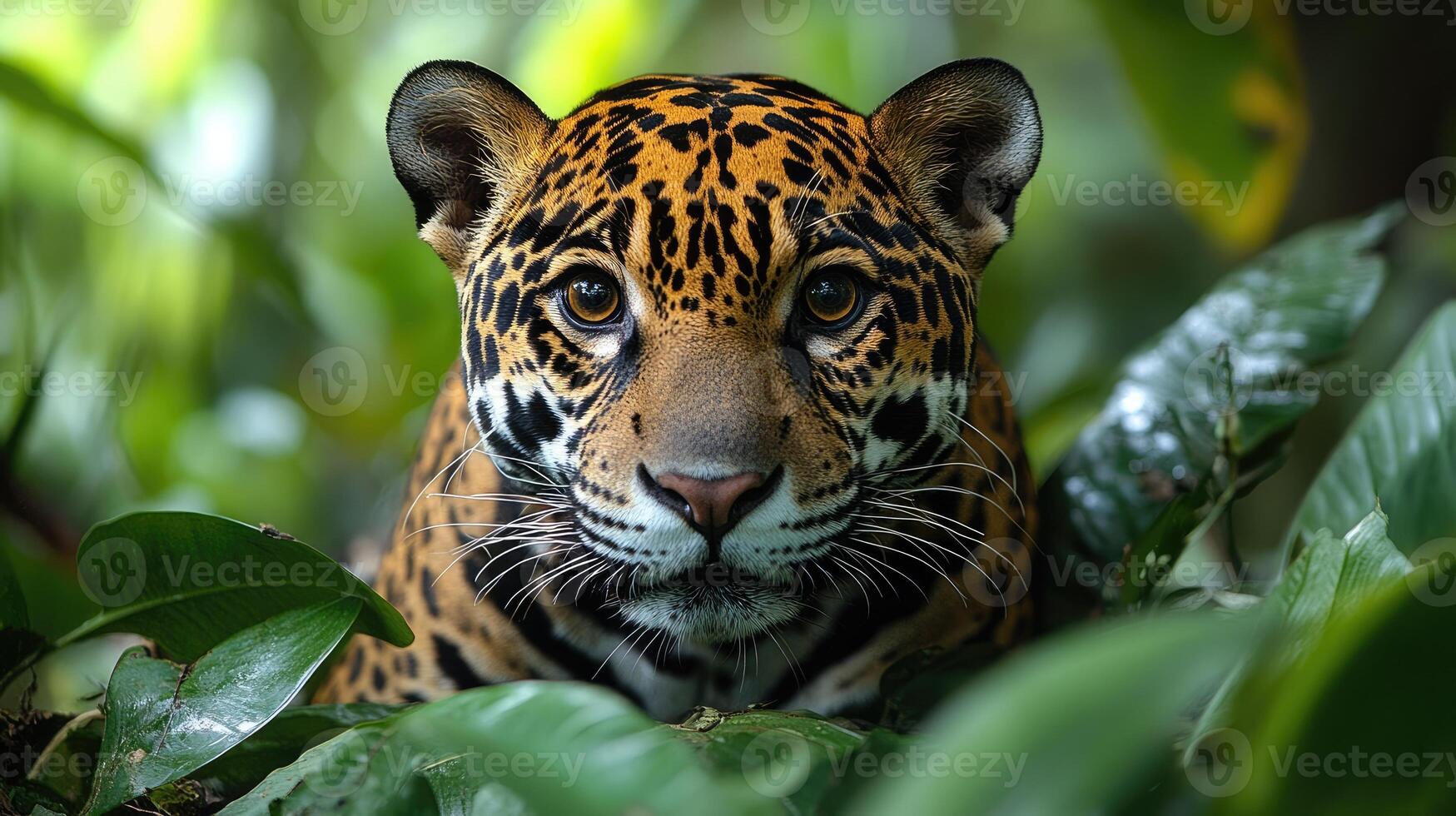 Powerful jaguar relaxing in the lush green amazon rainforest photo