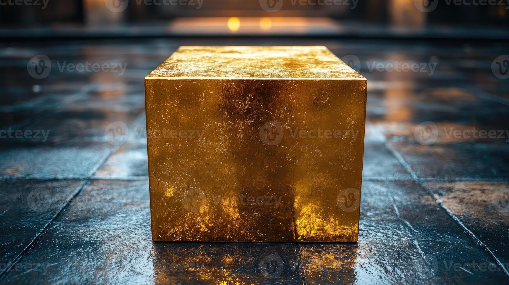 Shiny .gold cube standing on reflective stone surface with bokeh lights in background photo