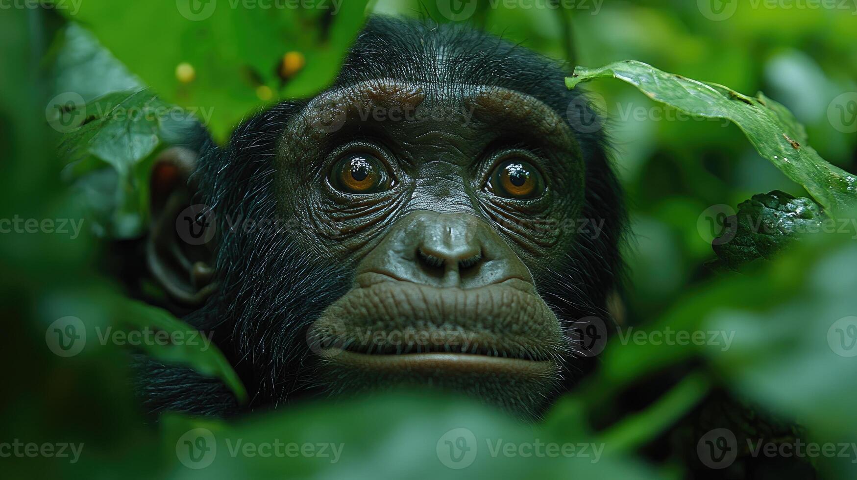 Young chimpanzee hiding in the green jungle foliage photo