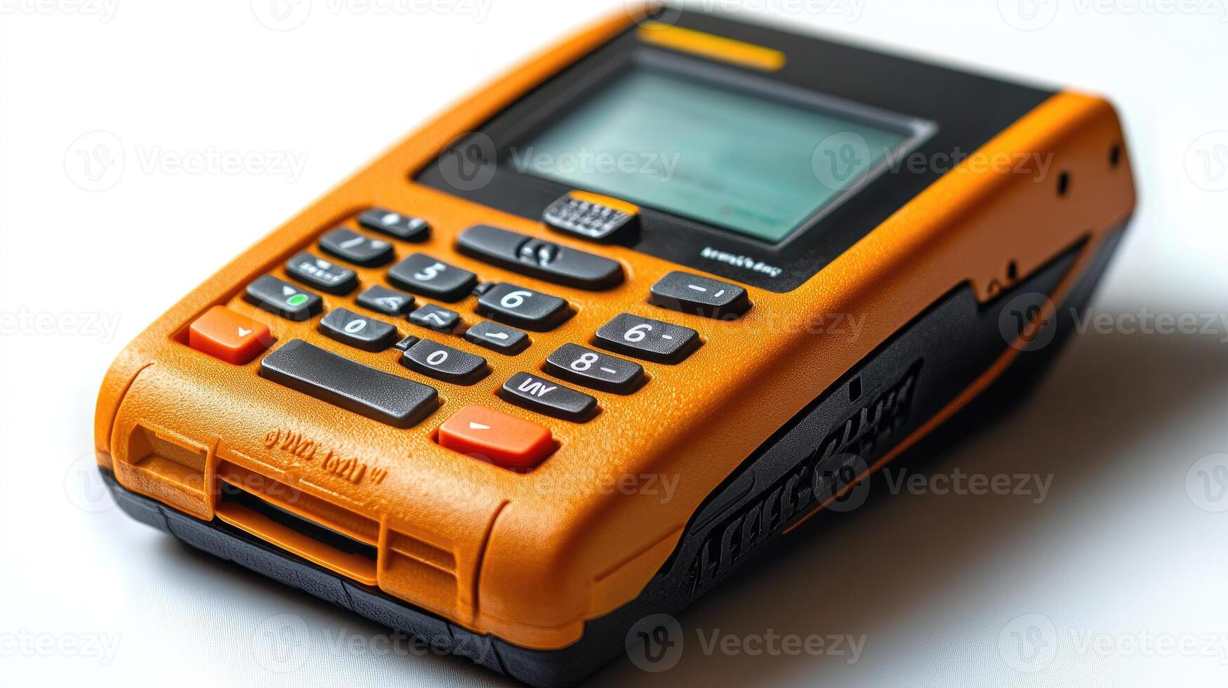 Orange pos terminal laying on white background photo