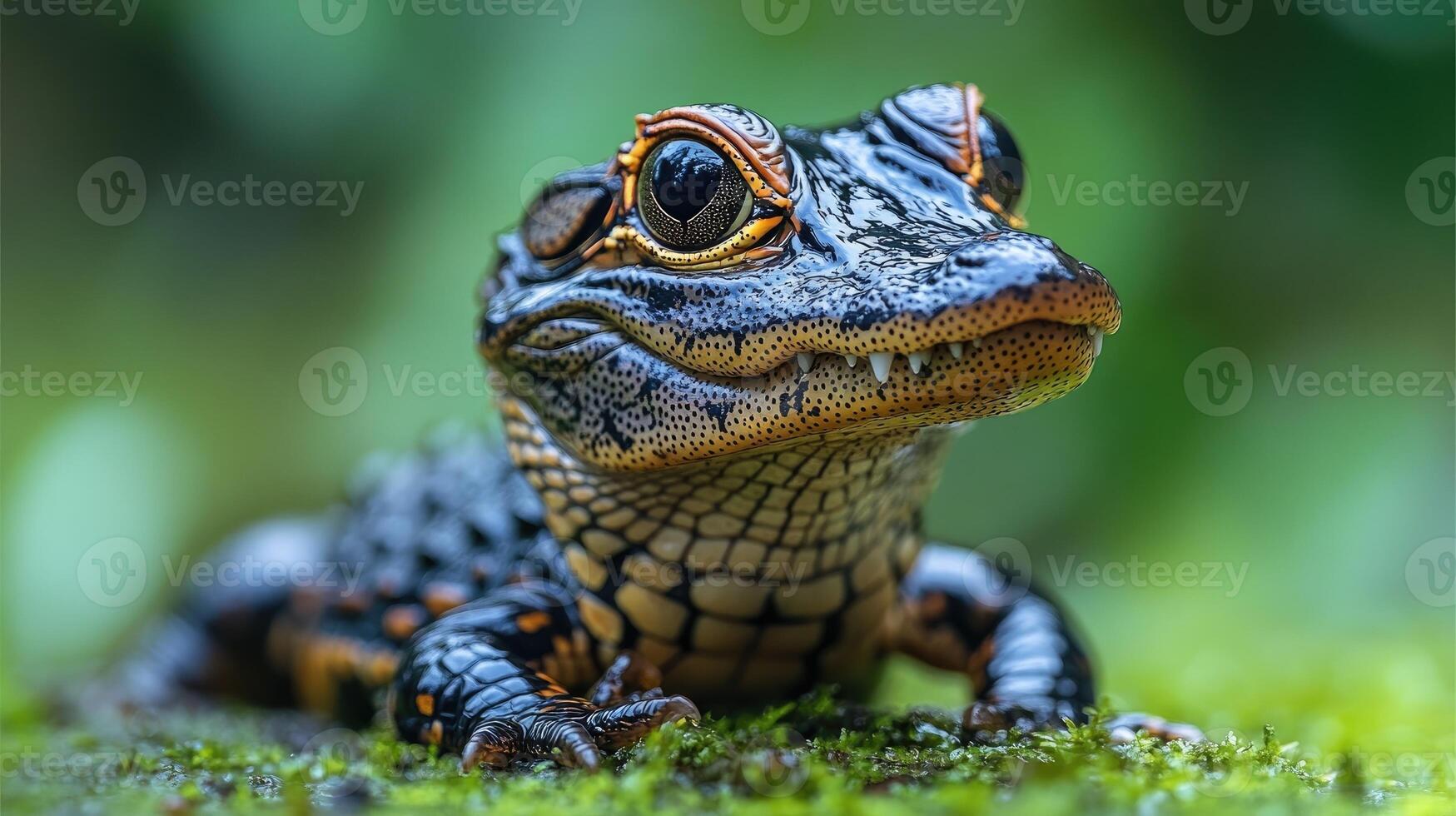 Cuvier's dwarf caiman resting on a green leaf photo