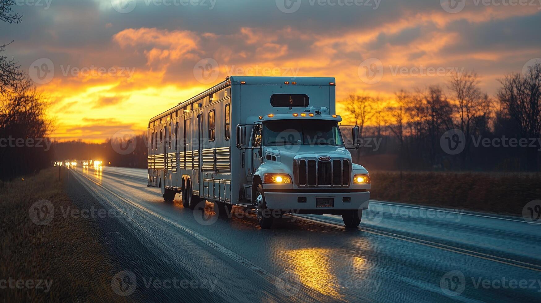 Semi-truck with horse trailer driving on highway at sunset photo