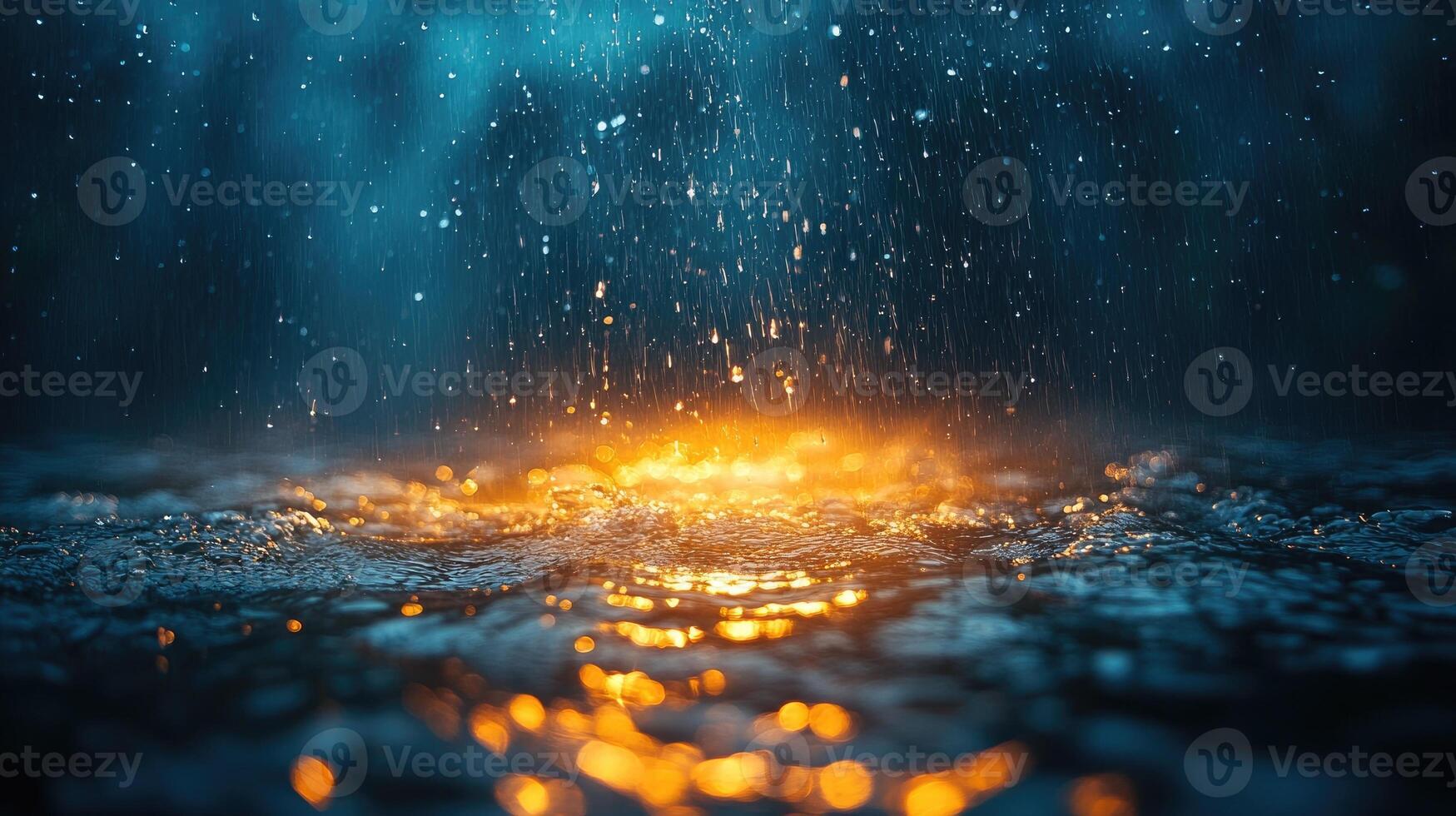 Heavy rain falling on wet asphalt road at night creating large puddles photo