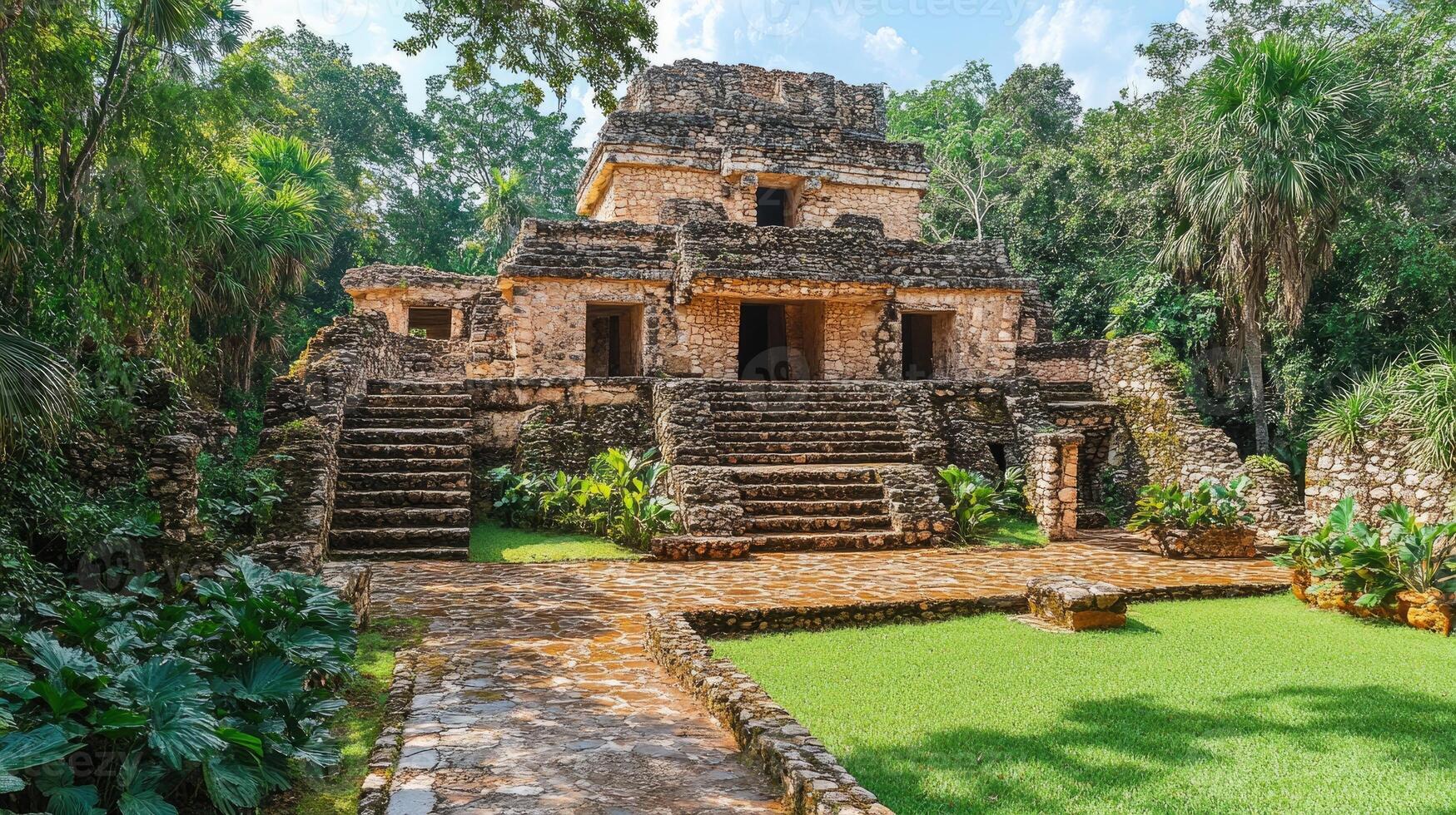 Ancient mayan ruins of ek balam surrounded by lush green jungle in yucatan. photo