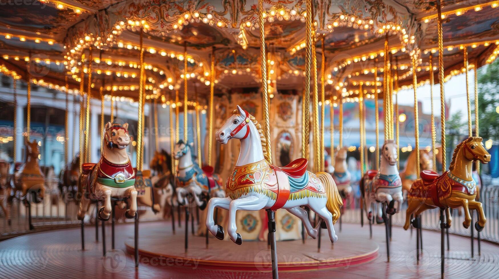 Vintage carousel spinning in an amusement park surrounded by autumn trees.. photo