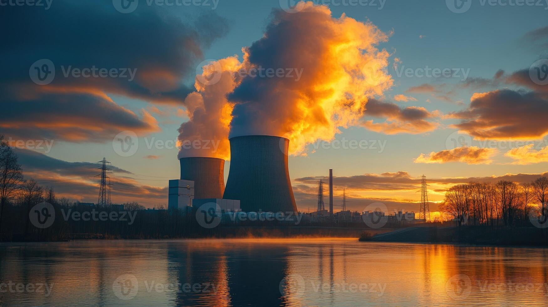 Nuclear power plant cooling towers releasing steam at sunset reflecting in water. photo