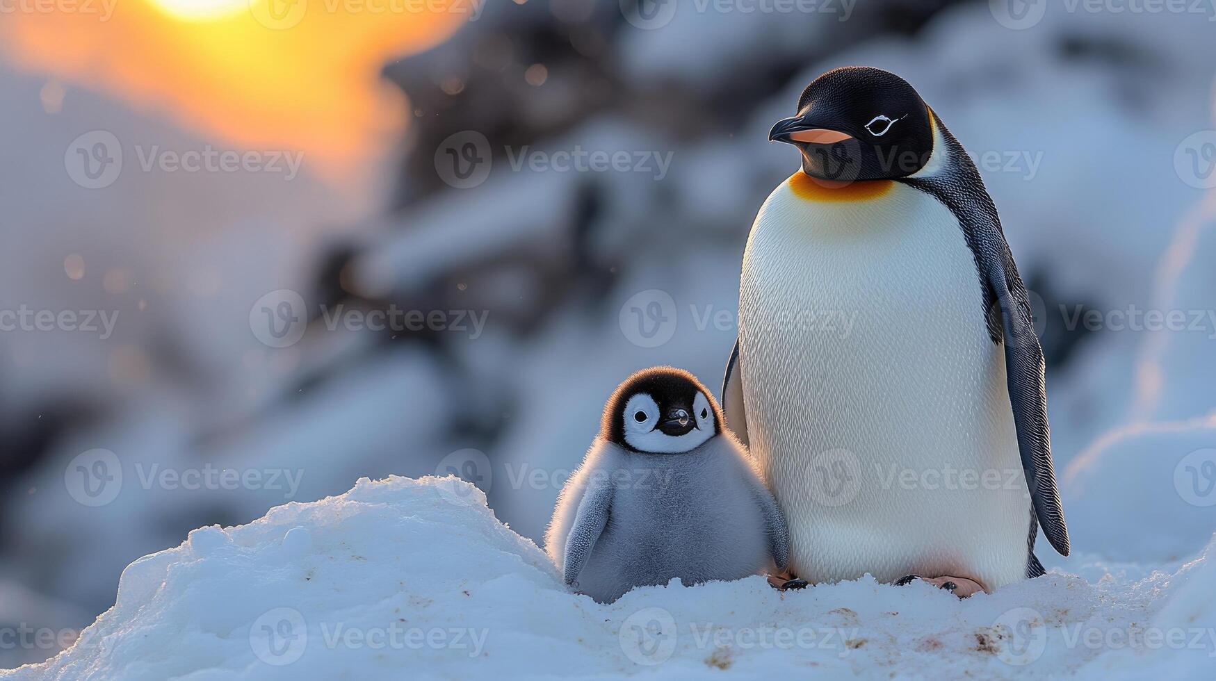 Emperor penguin standing with chick on snowy hillside at sunset photo