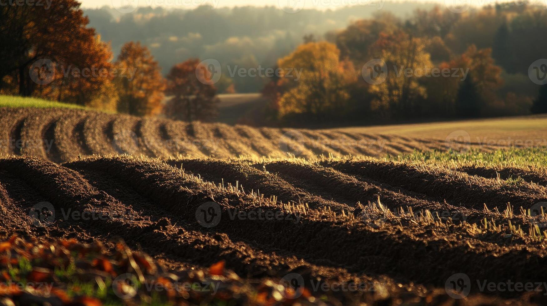 Plowed field with dramatic sky at sunset during autumn photo