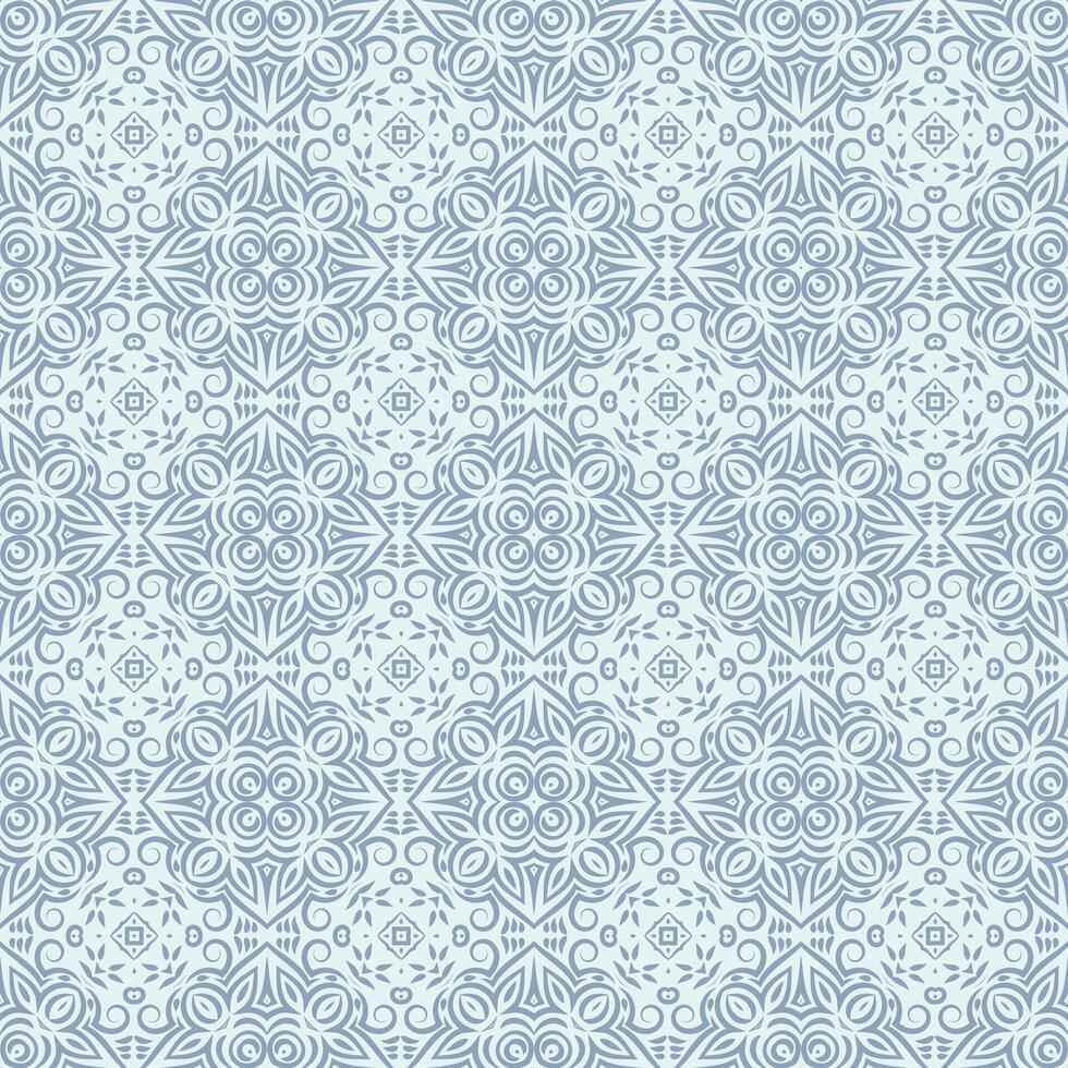 Seamless pattern with intricate lace ornamental design. Blue grey damask geometric background with sophisticated and elegant shapes for textile, wallpapers, linen vector