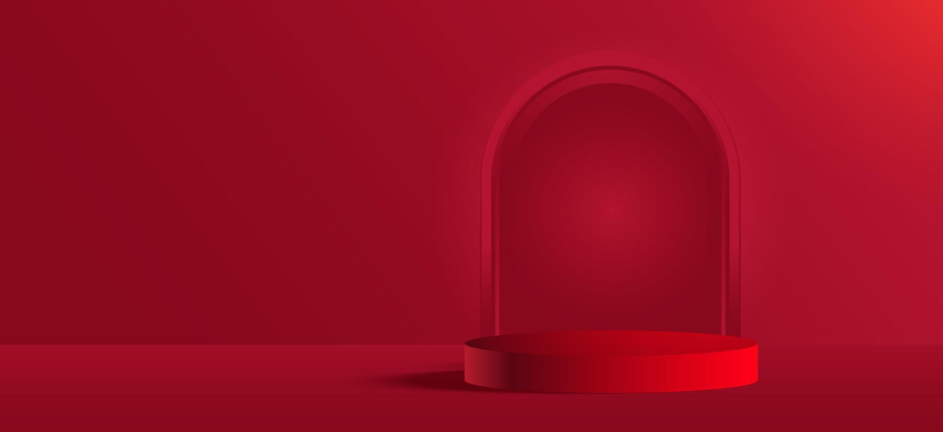 3d studio room red podium background with cylinder podium luxury for product display illustration vector