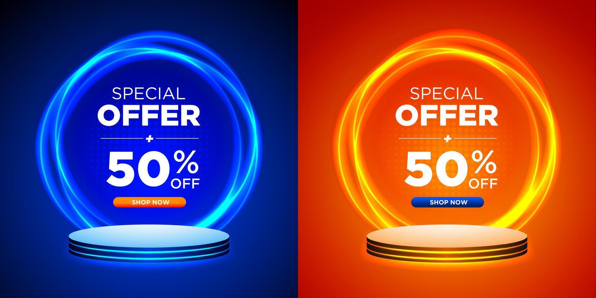 Special Offer Set. Blue and Orange Background with Circle Light Effect on Podium Template Design vector